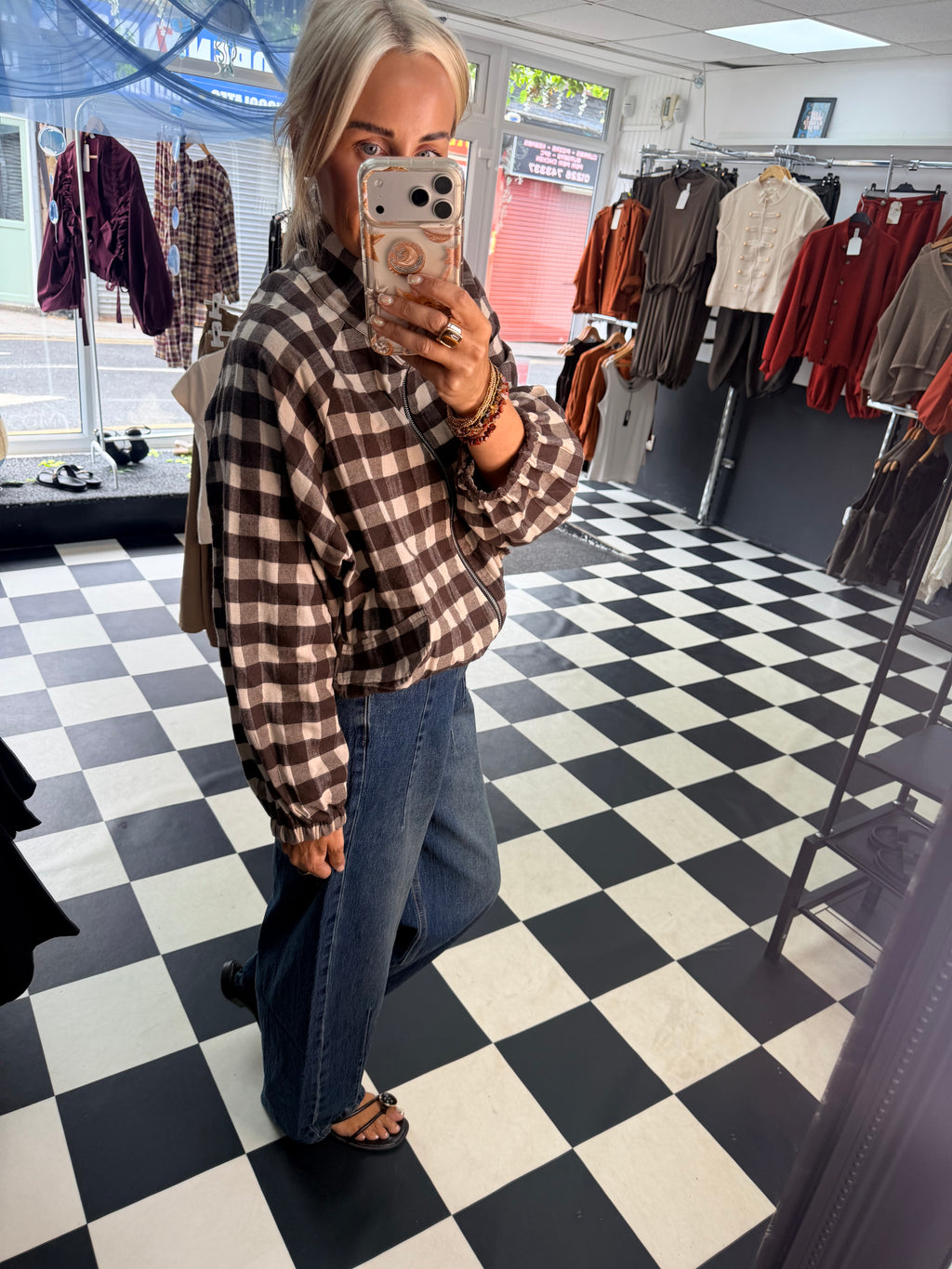 Check Bomber Jacket Chocolate