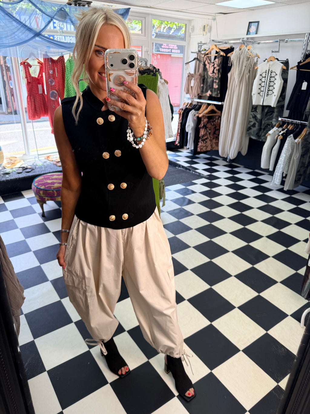 Cargo Trousers crop with tie hem Cream