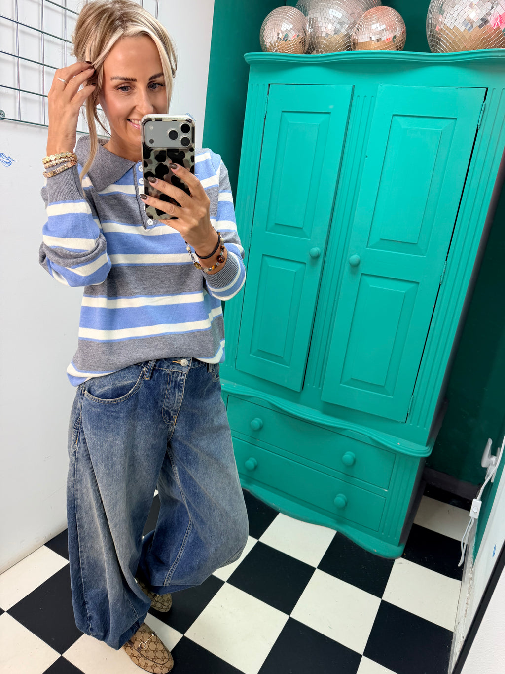 The Stripe Club Polo Jumper Blue-Grey-Cream Special buy
