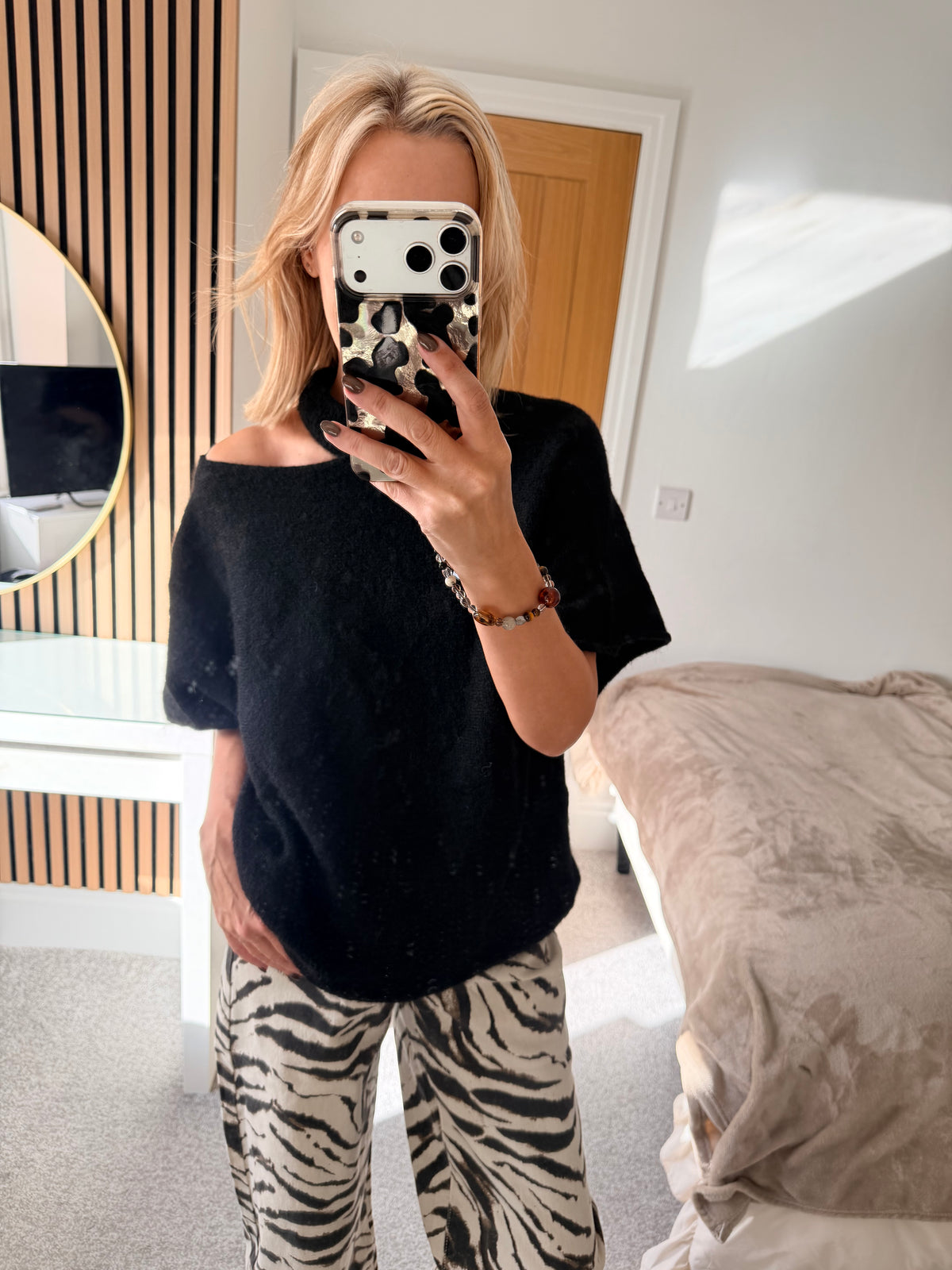 Slash Neck Jumper Black Short Sleeve