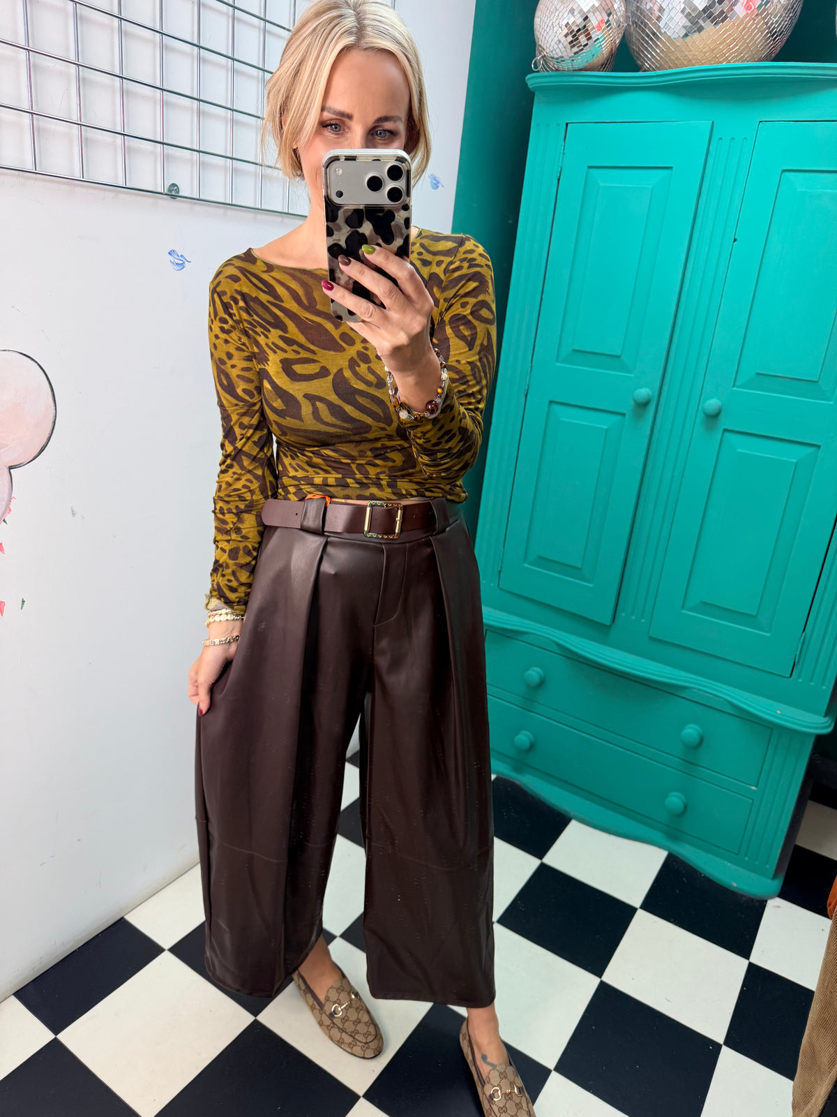 Cashmere Blend Leopard Top Green and Chocolate