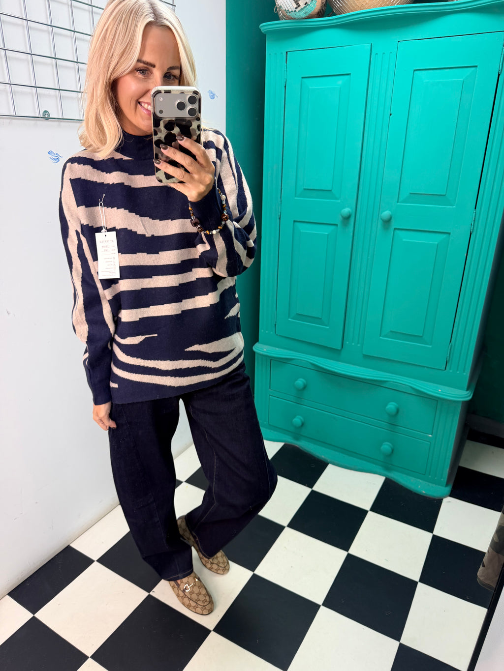 Turtle Neck Jumper Lightning Print Navy Special Buy