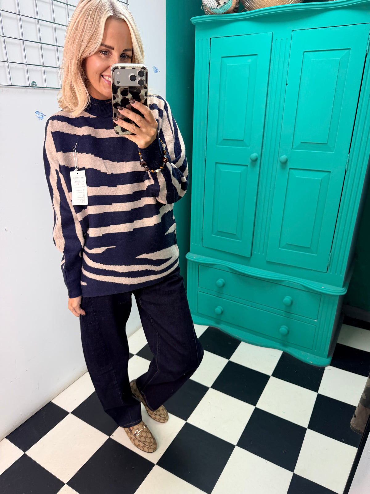 Turtle Neck Jumper Lightning Print Navy Special Buy
