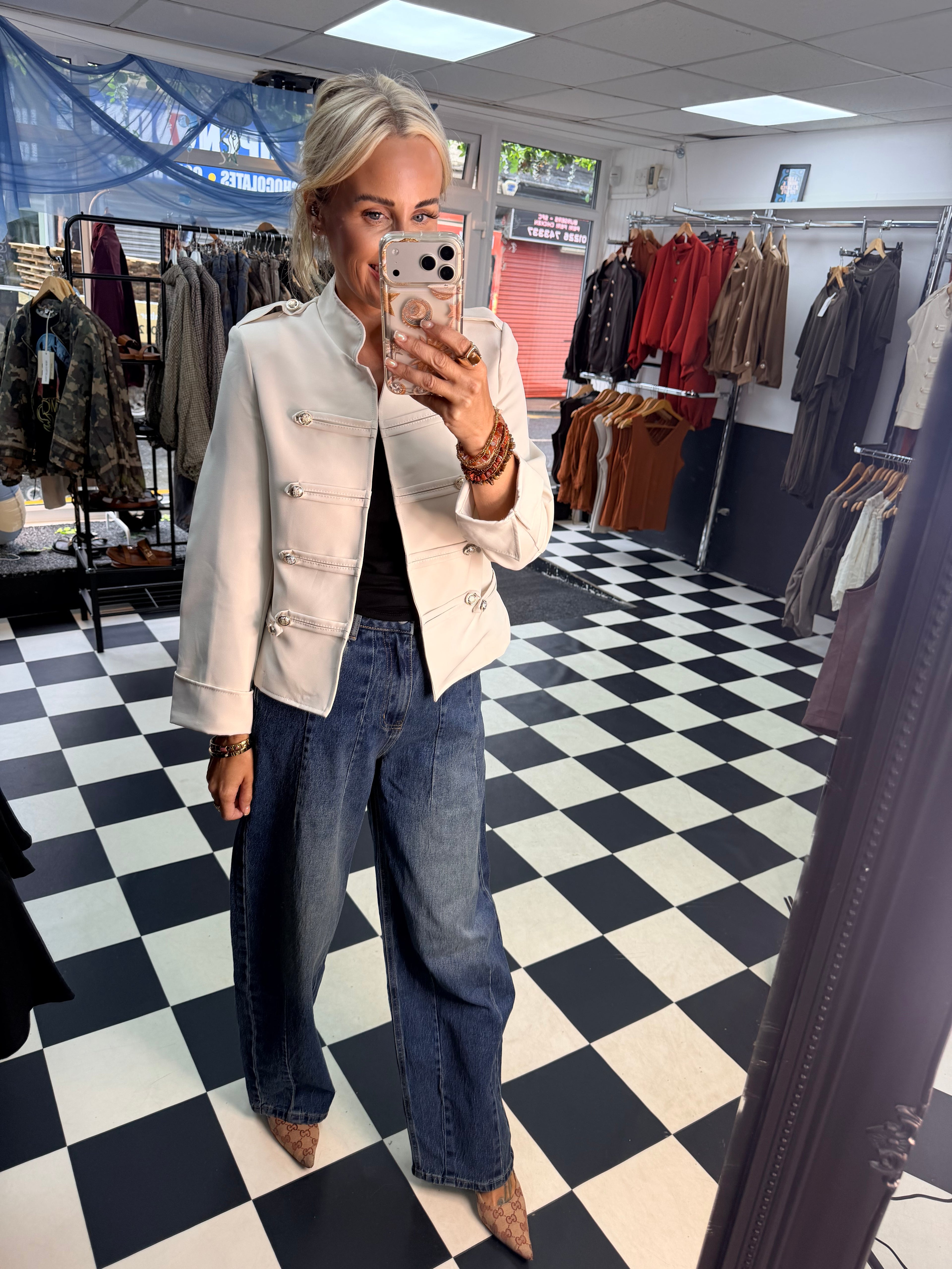Cropped Military Long Sleeve Blazer Cream
