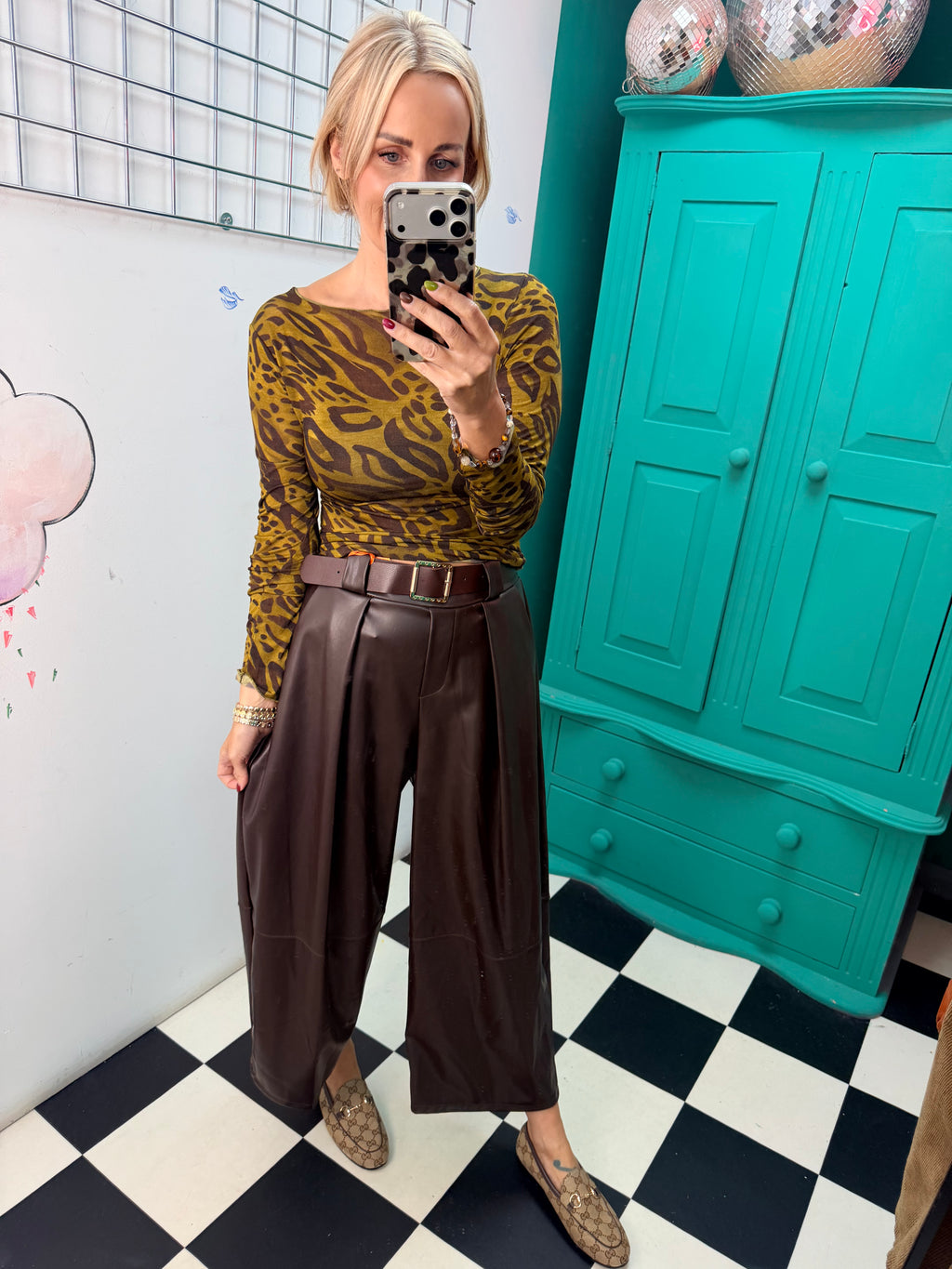 Cashmere Blend Leopard Top Green and Chocolate