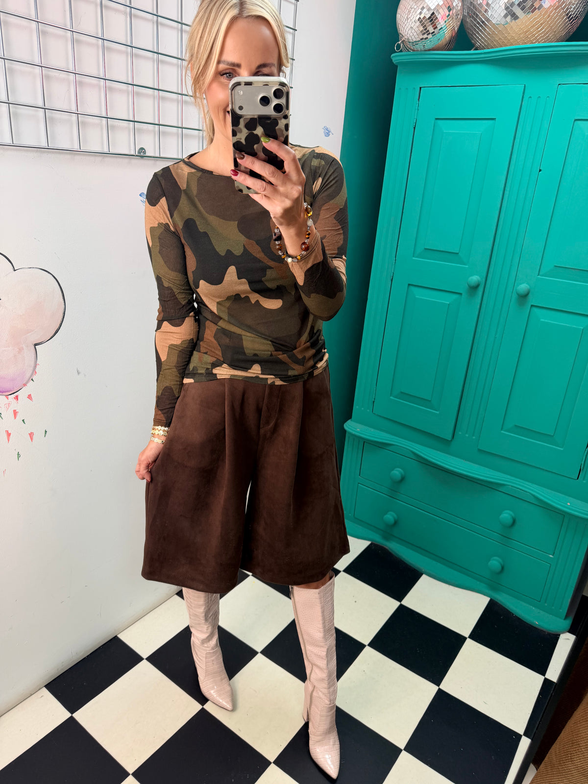 Cashmere Blend Camo Top Green/Chocolate