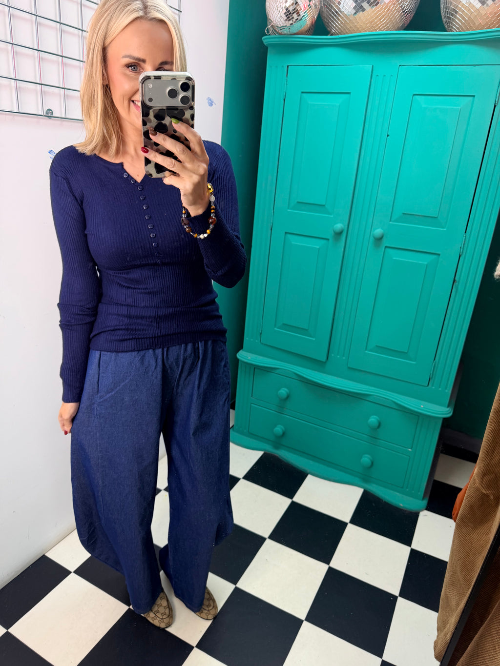 Ribbed Button Down Top Navy
