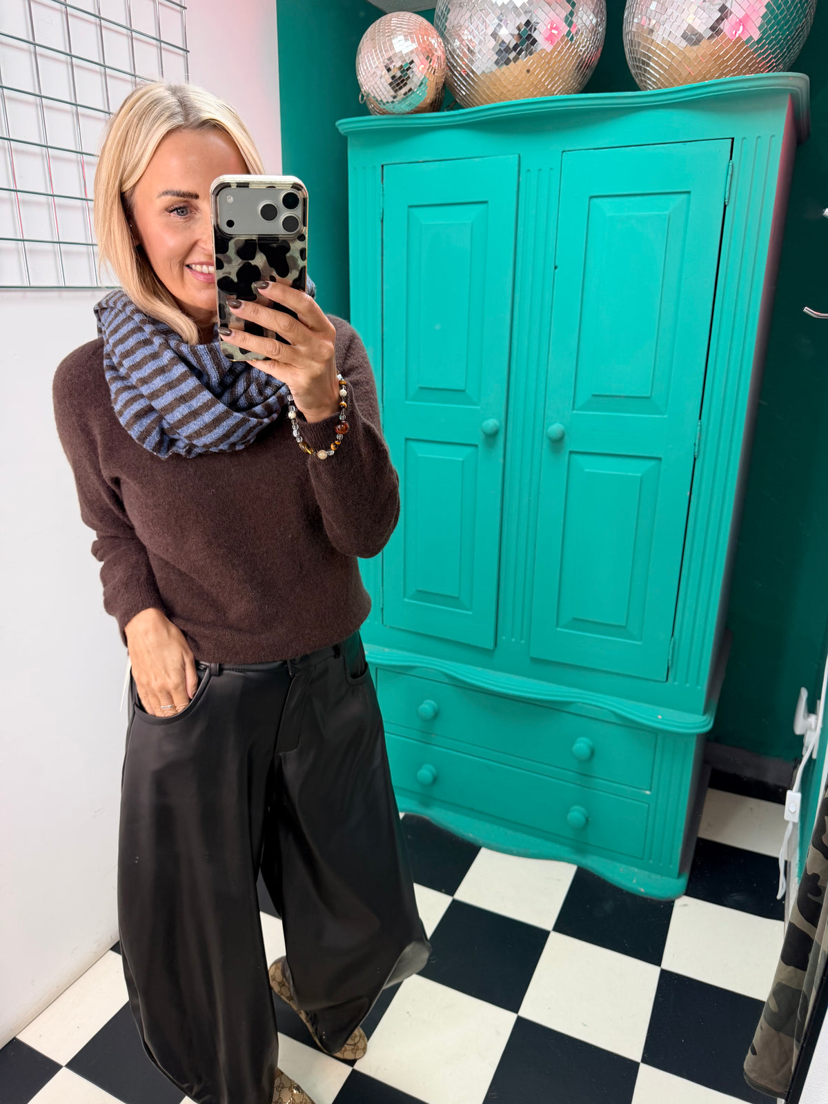 Blue and Mocha stripe knit scarf