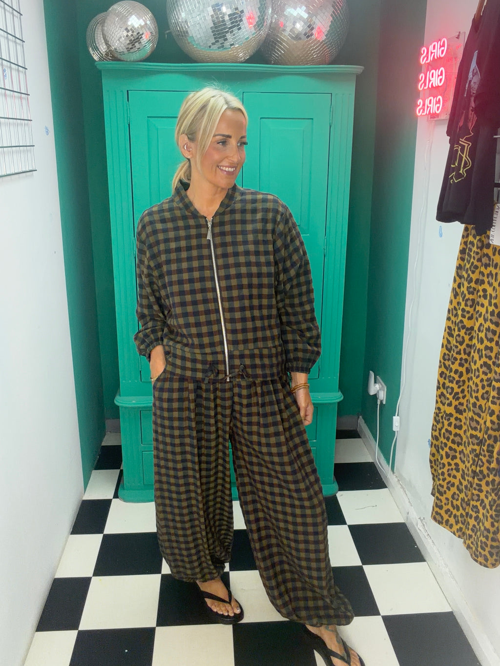Autumn Check Balloon Trousers Green/Navy