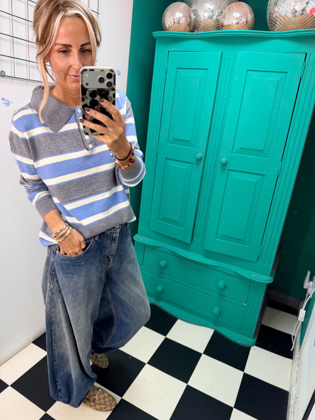 The Stripe Club Polo Jumper Blue-Grey-Cream Special buy