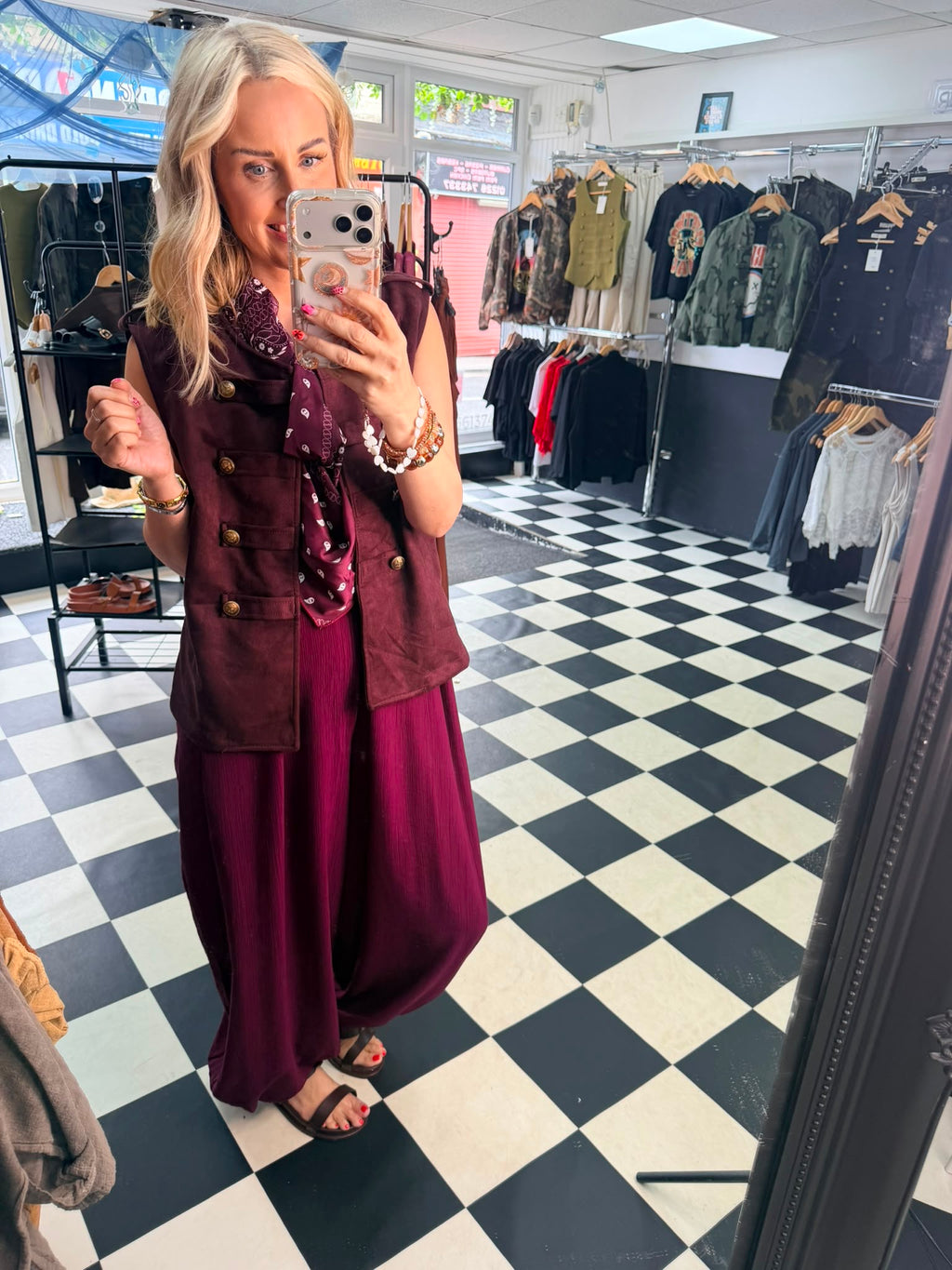 Faux suede military waistcoat -wine