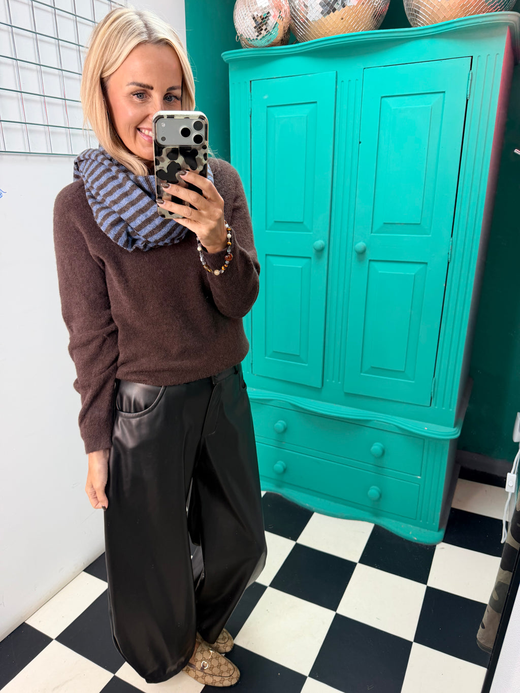 Blue and Mocha stripe knit scarf