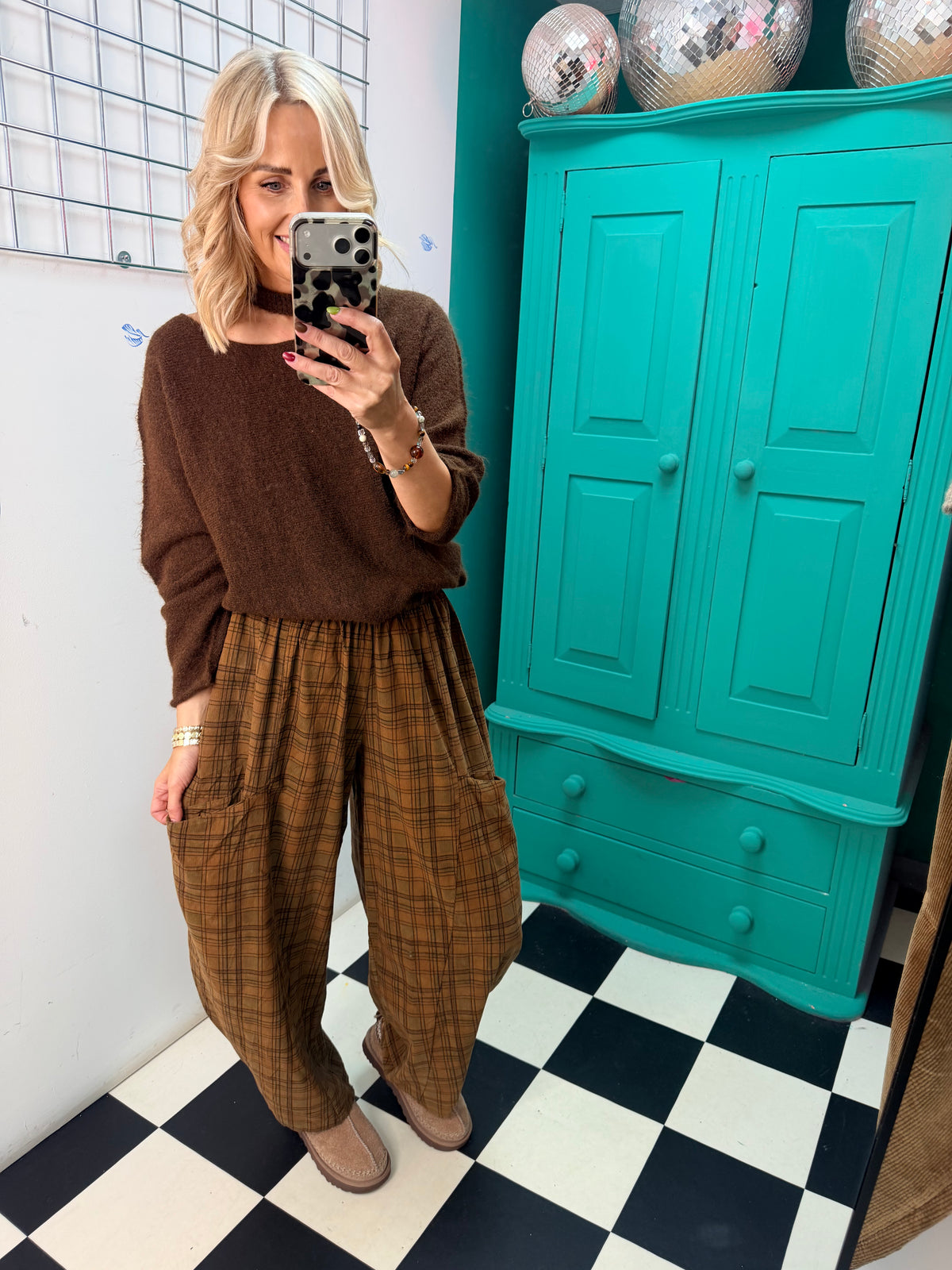 Barrel leg check trousers - Green