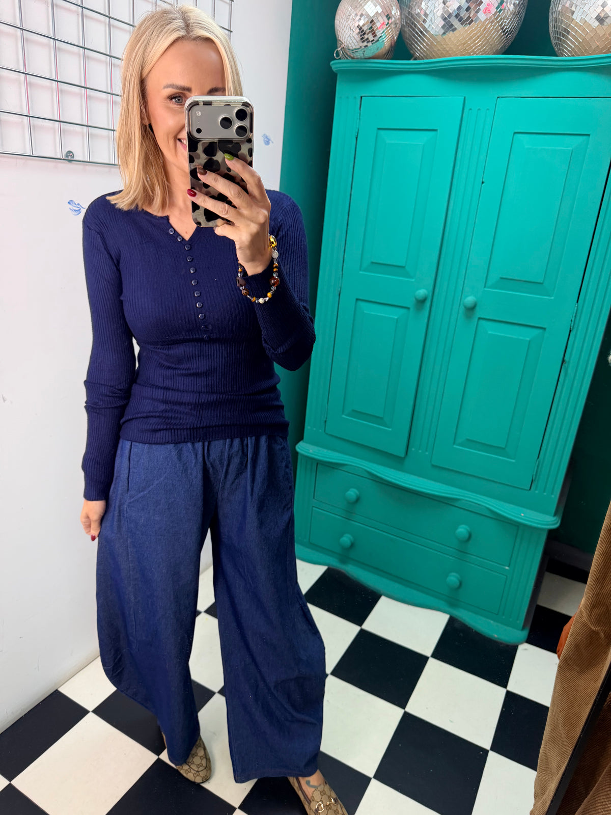 Ribbed Button Down Top Navy