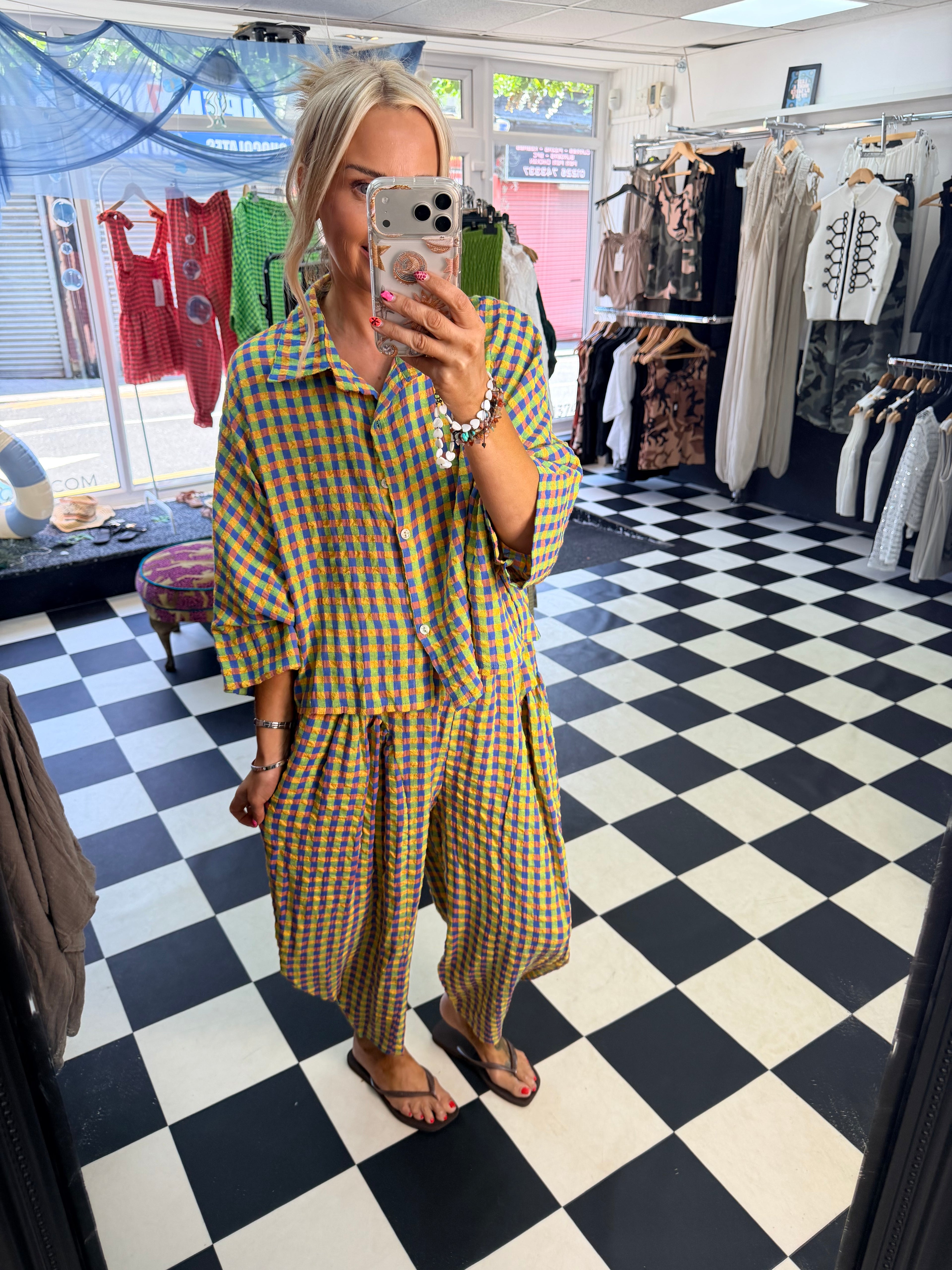 Neon Gingham Shirt Green and Blue