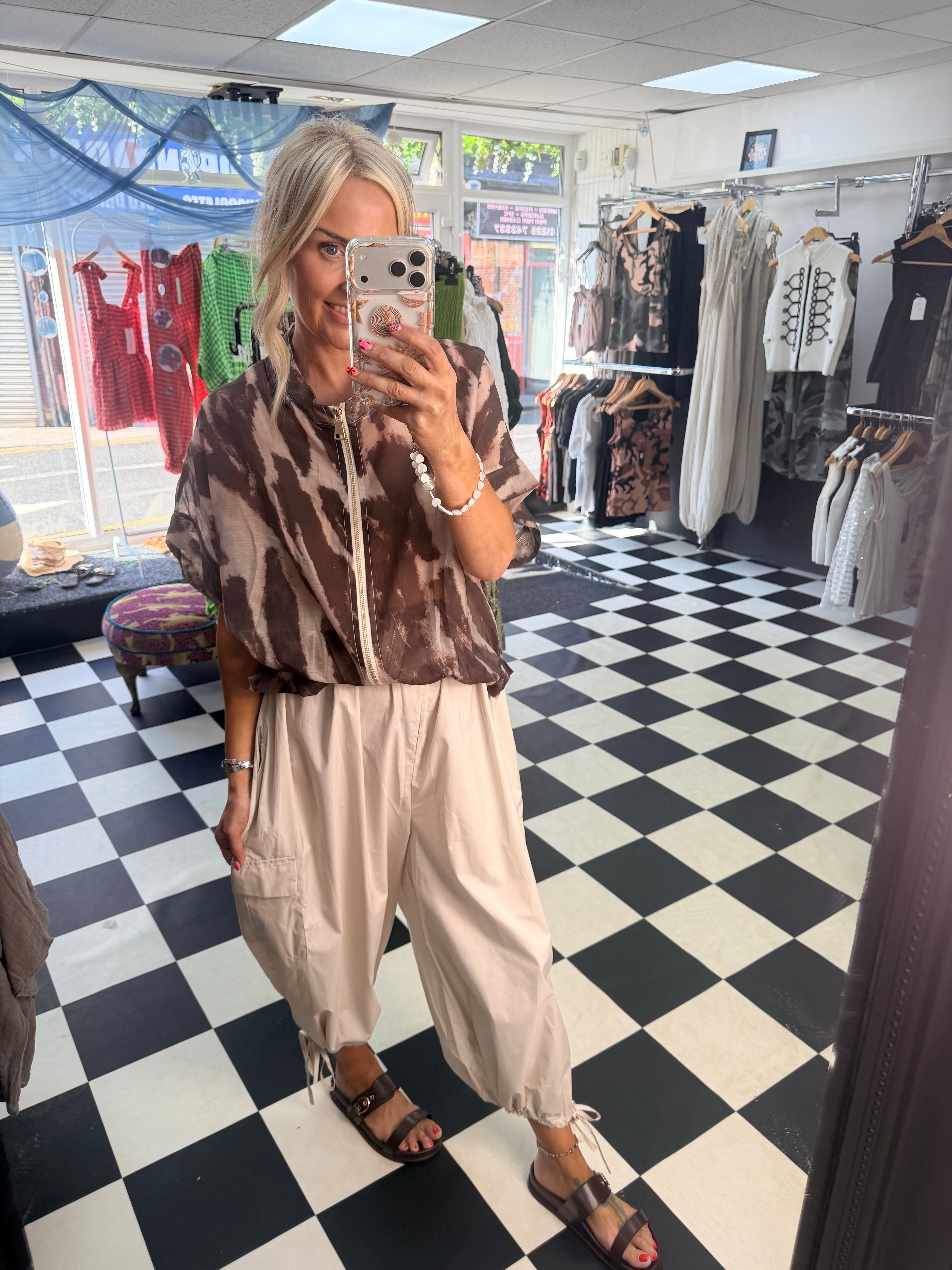 Lightweight Cropped Sleeve Jacket - Coffee and Cream