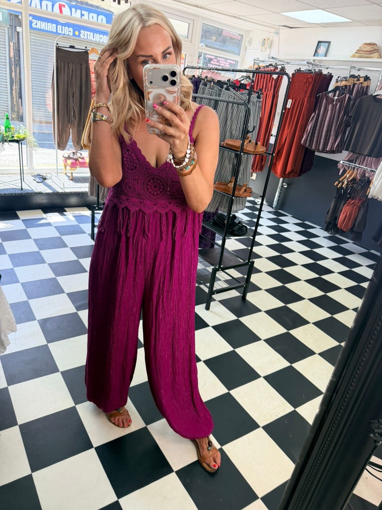 Boho Crochet Jumpsuit Magenta