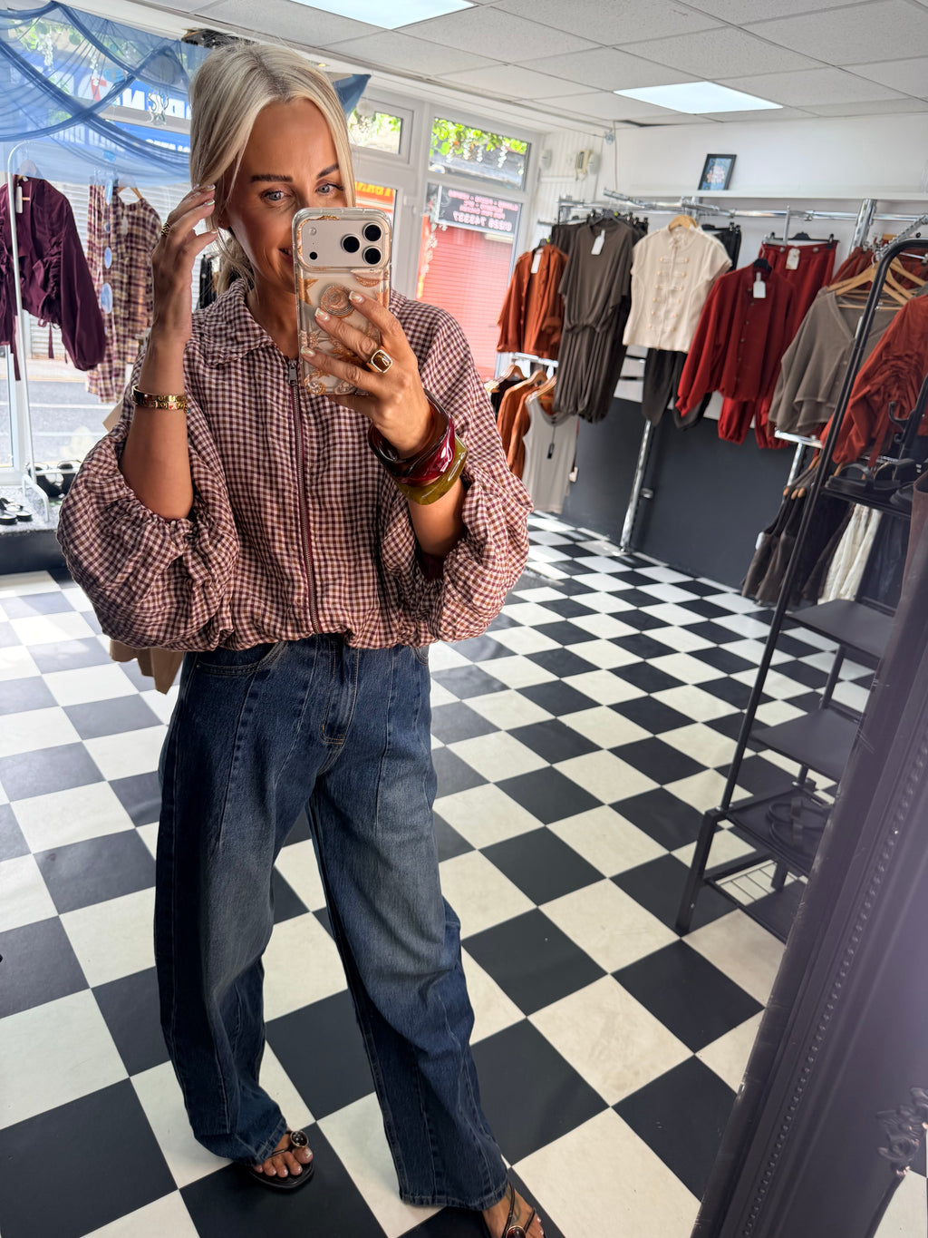 Plaid Slouchy Bomber Wine