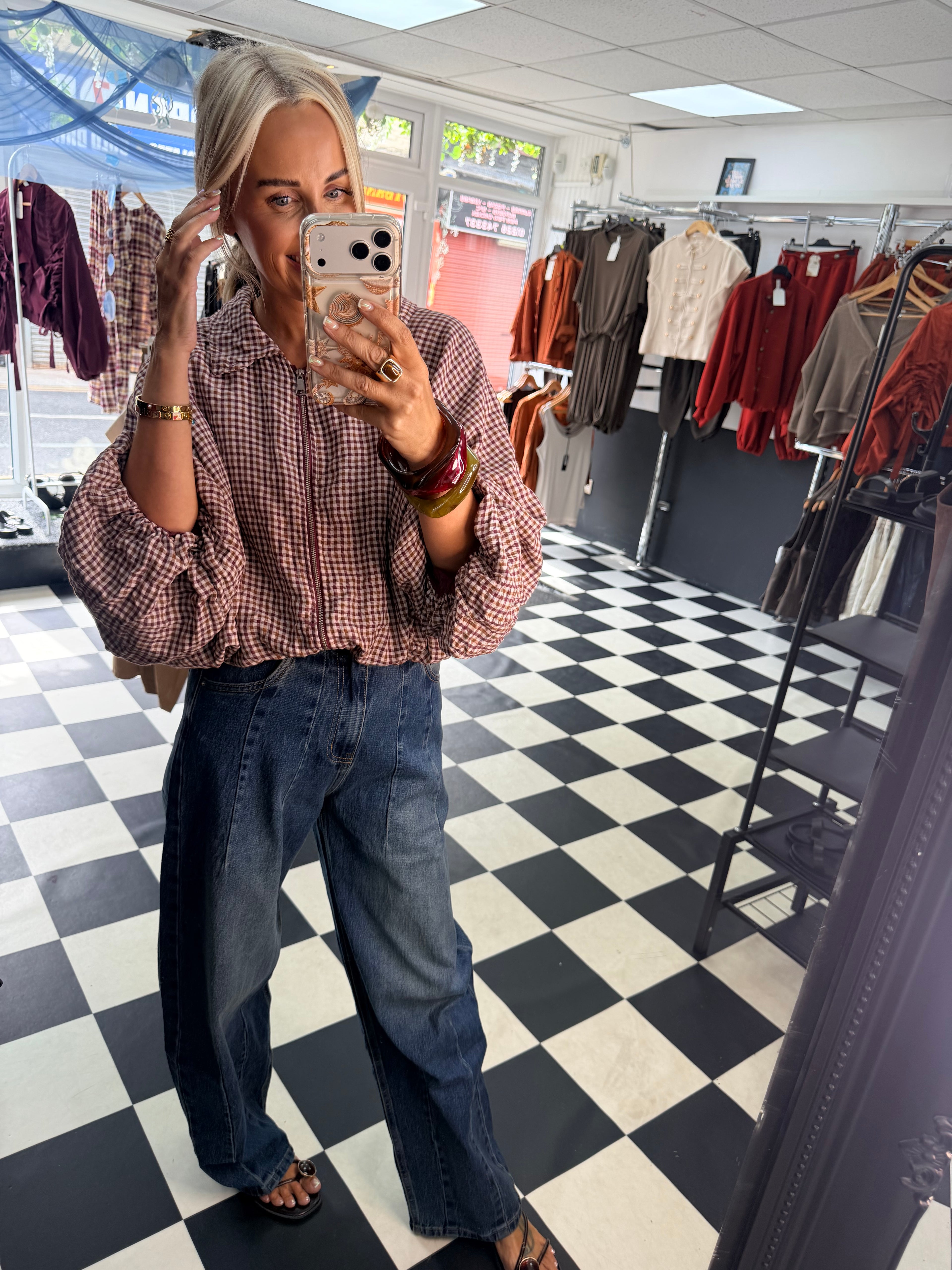 Plaid Slouchy Bomber Wine