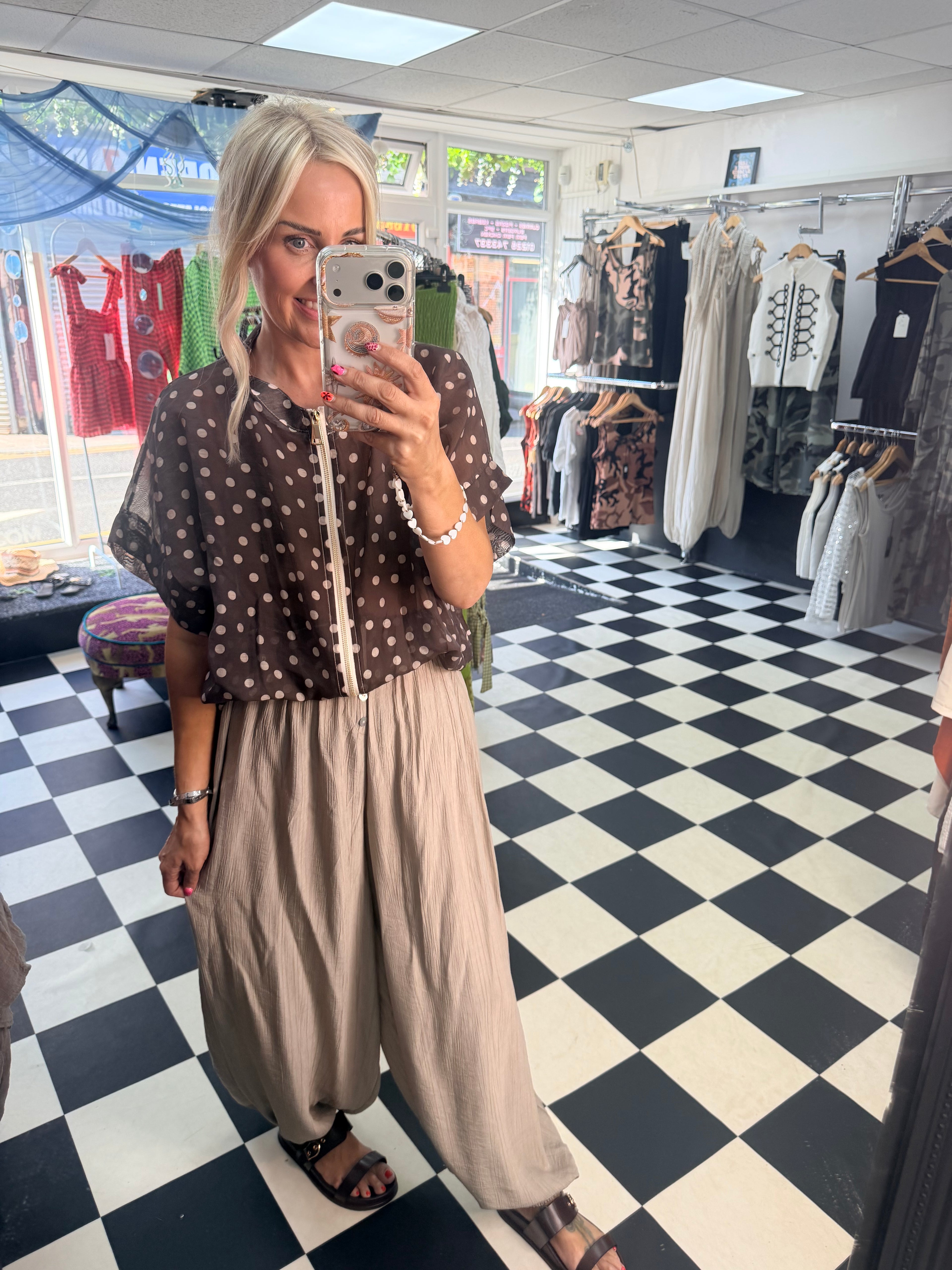Lightweight Cropped Sleeve Jacket - Chocolate Polka Dot