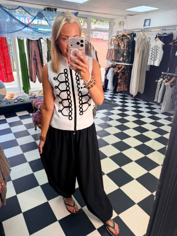 French Military Waistcoat White Black Edging