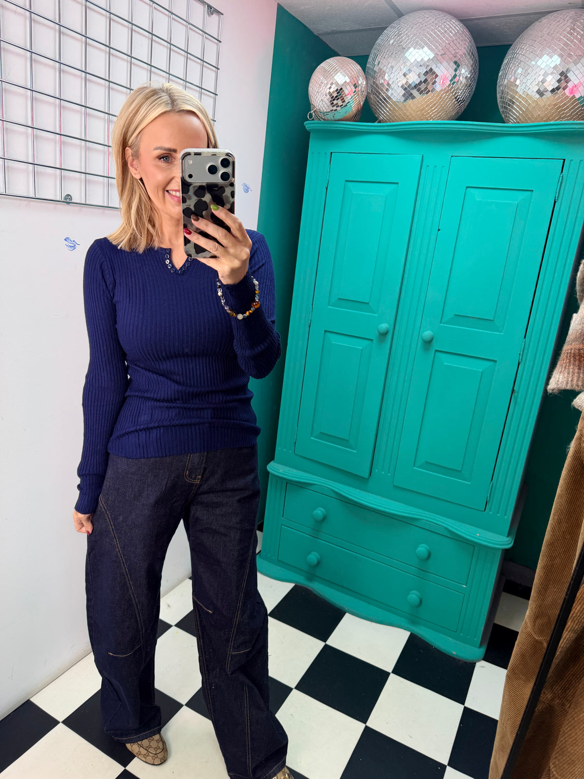 Ribbed Button V Top Navy