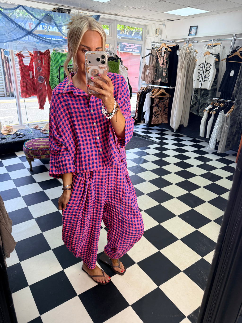 Neon Gingham Shirt Blue and Hot pink
