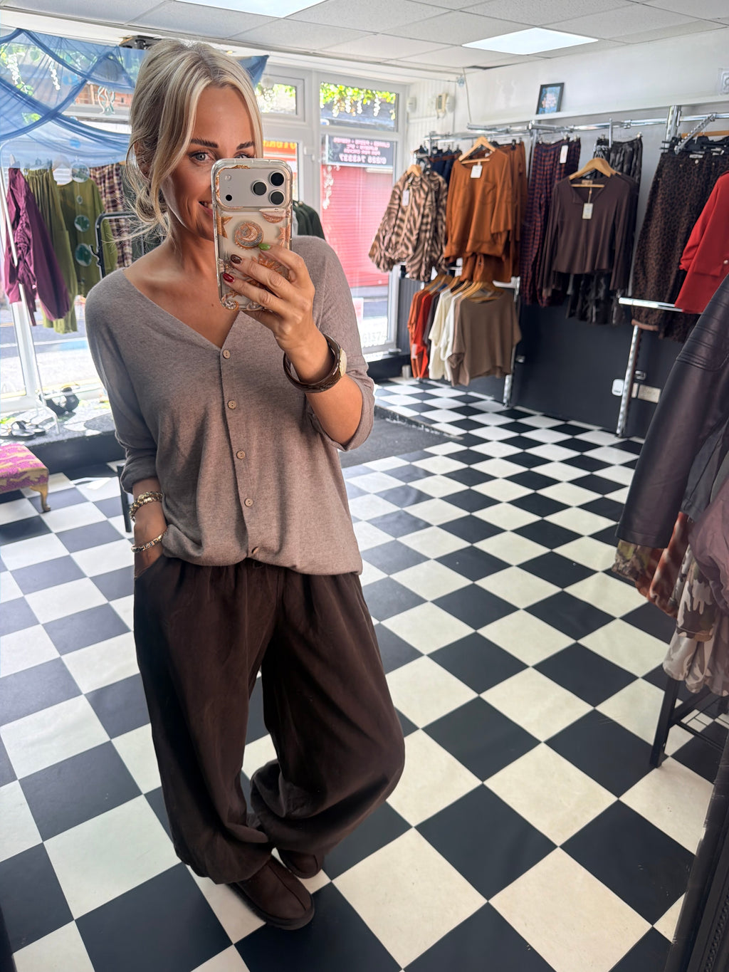 V Neck Cardigan Taupe