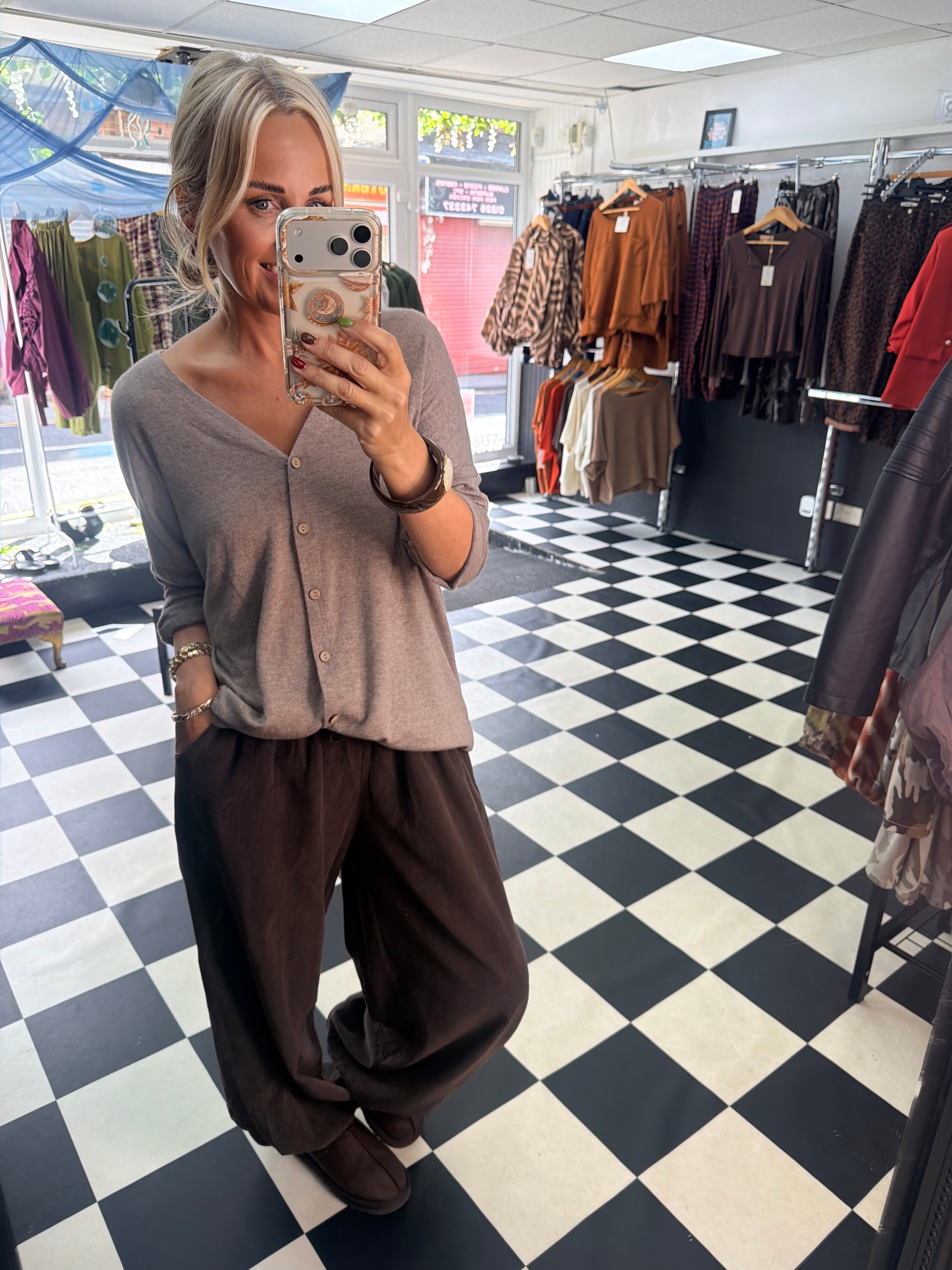 V Neck Cardigan Taupe