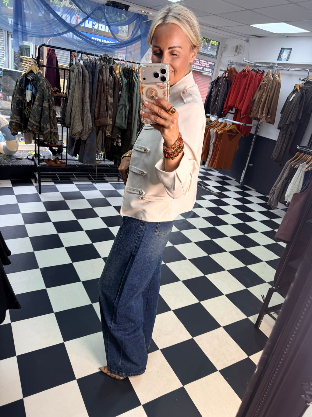 Cropped Military Long Sleeve Blazer Cream