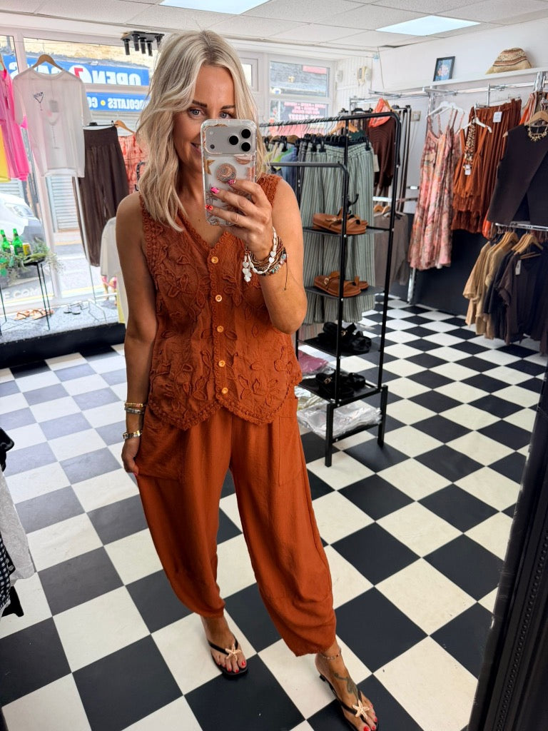 Opel Embellished Waistcoat  Rust