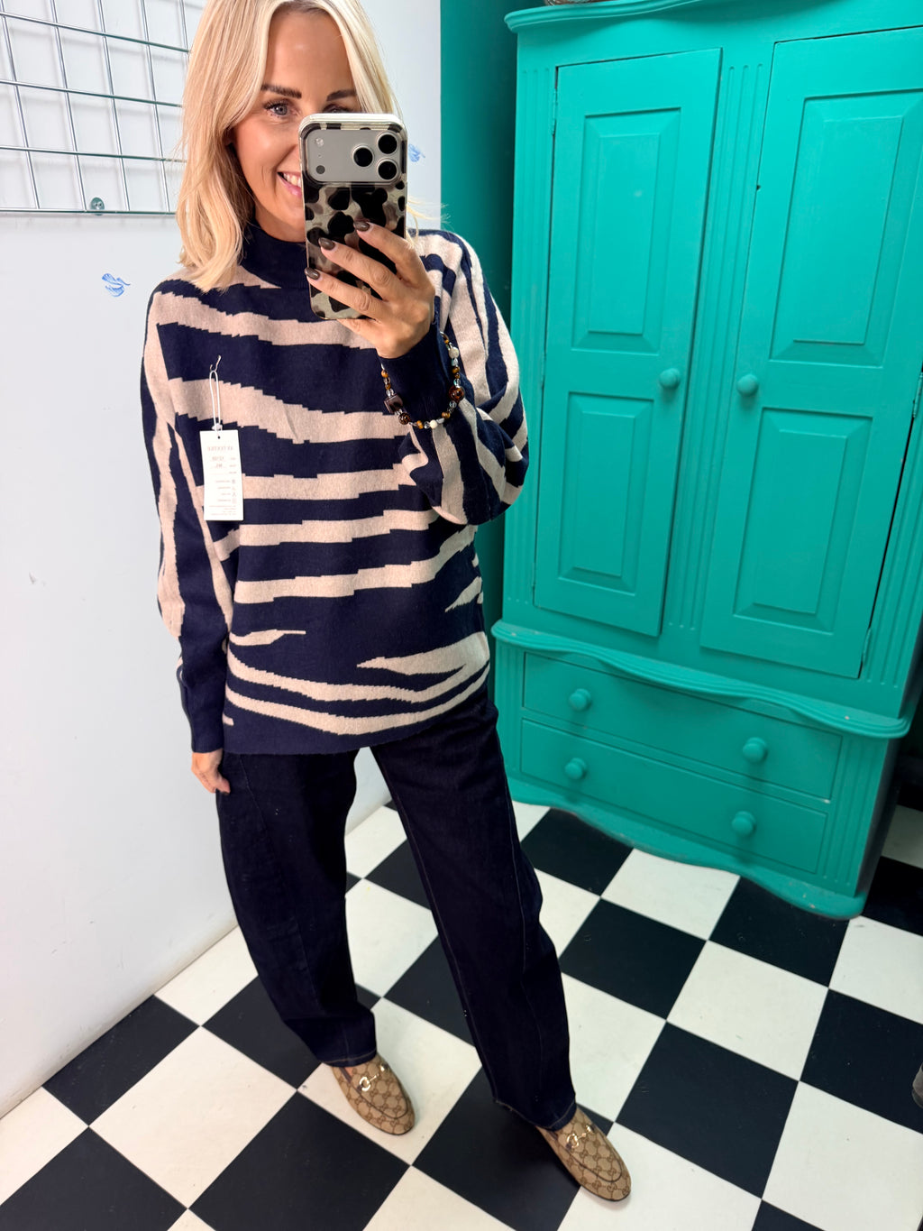 Turtle Neck Jumper Lightning Print Navy Special Buy