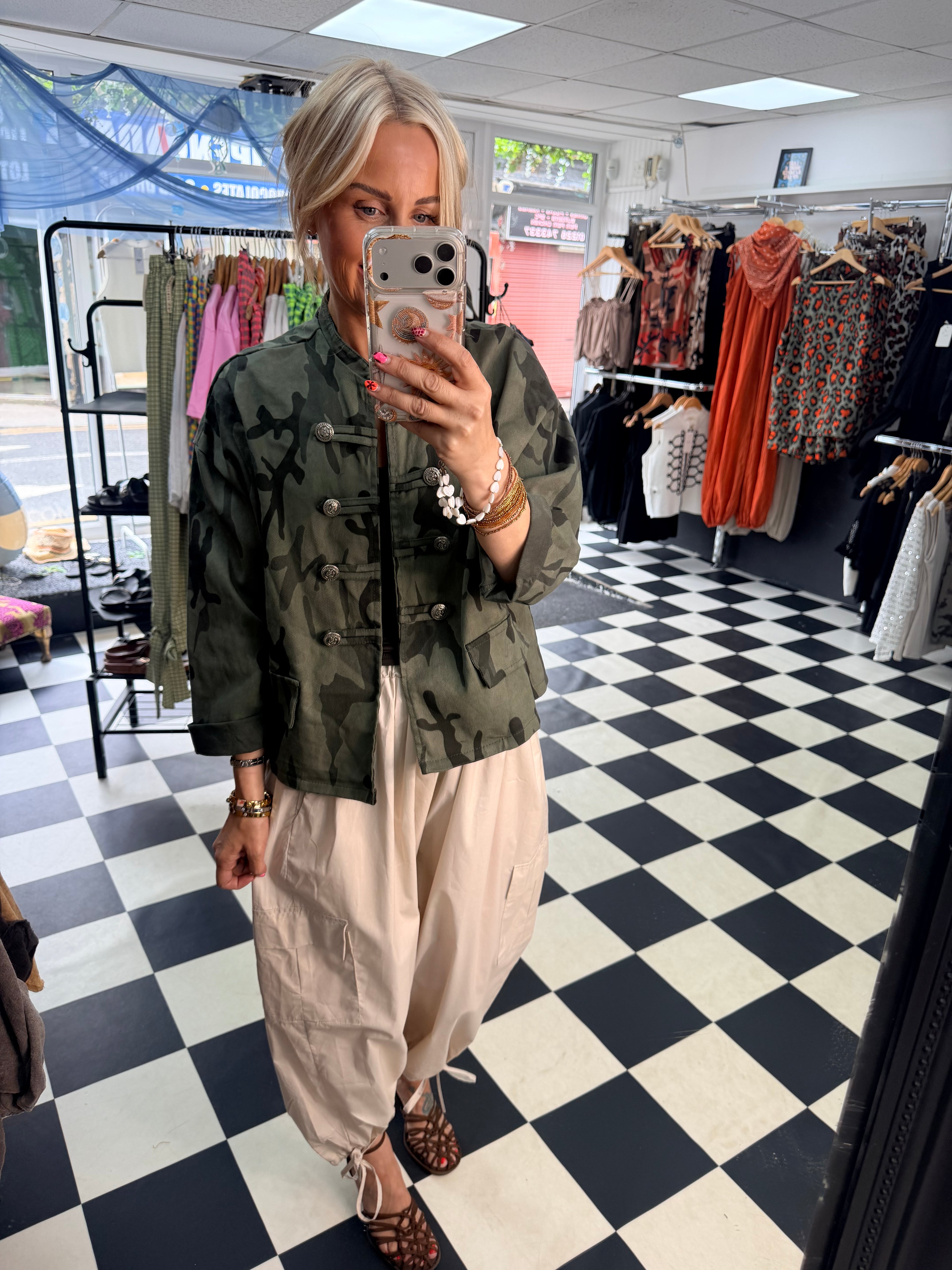 Camo Denim Military Jacket Khaki