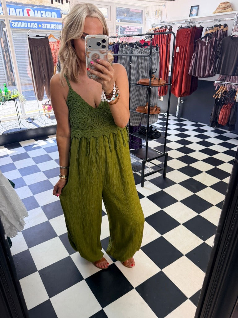 Boho Crochet Jumpsuit Green