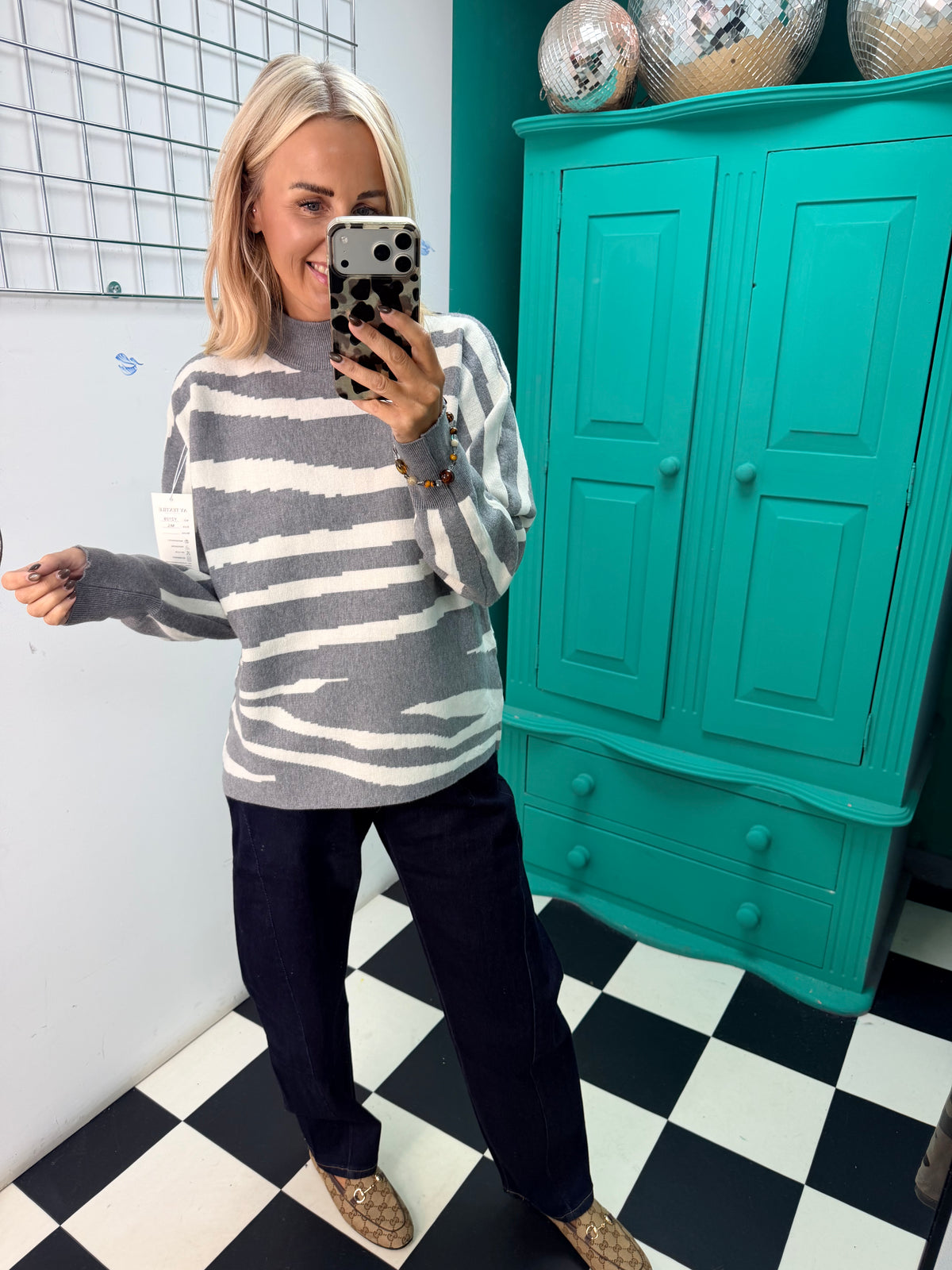 Turtle Neck Jumper Lightning Print Grey Special Buy
