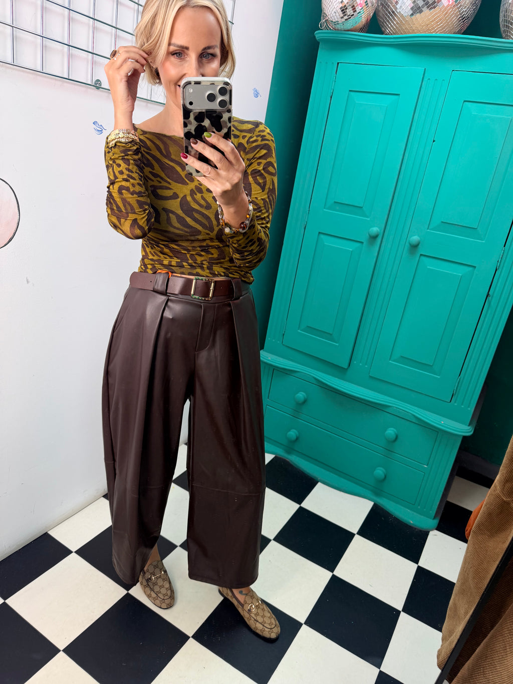 Cashmere Blend Leopard Top Green and Chocolate