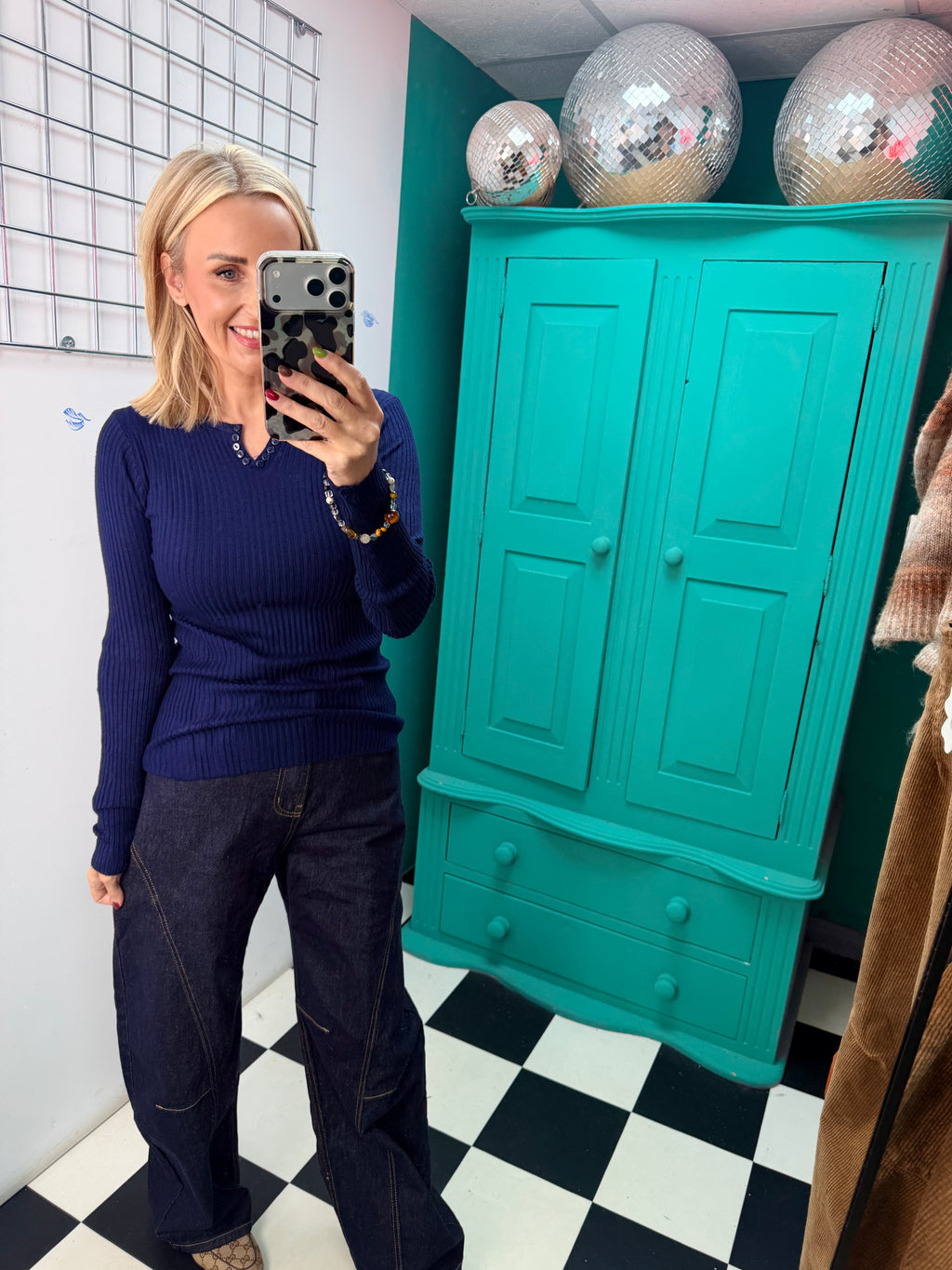 Ribbed Button V Top Navy