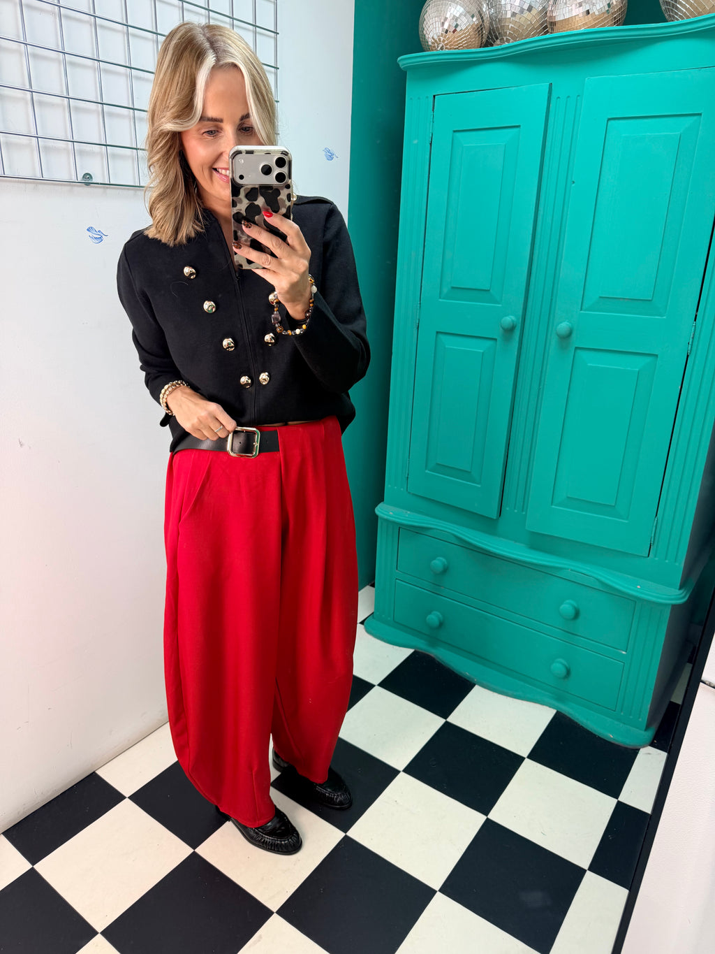 The Harper Half Belt Barrel Trousers Red Pre Order Due in within a week
