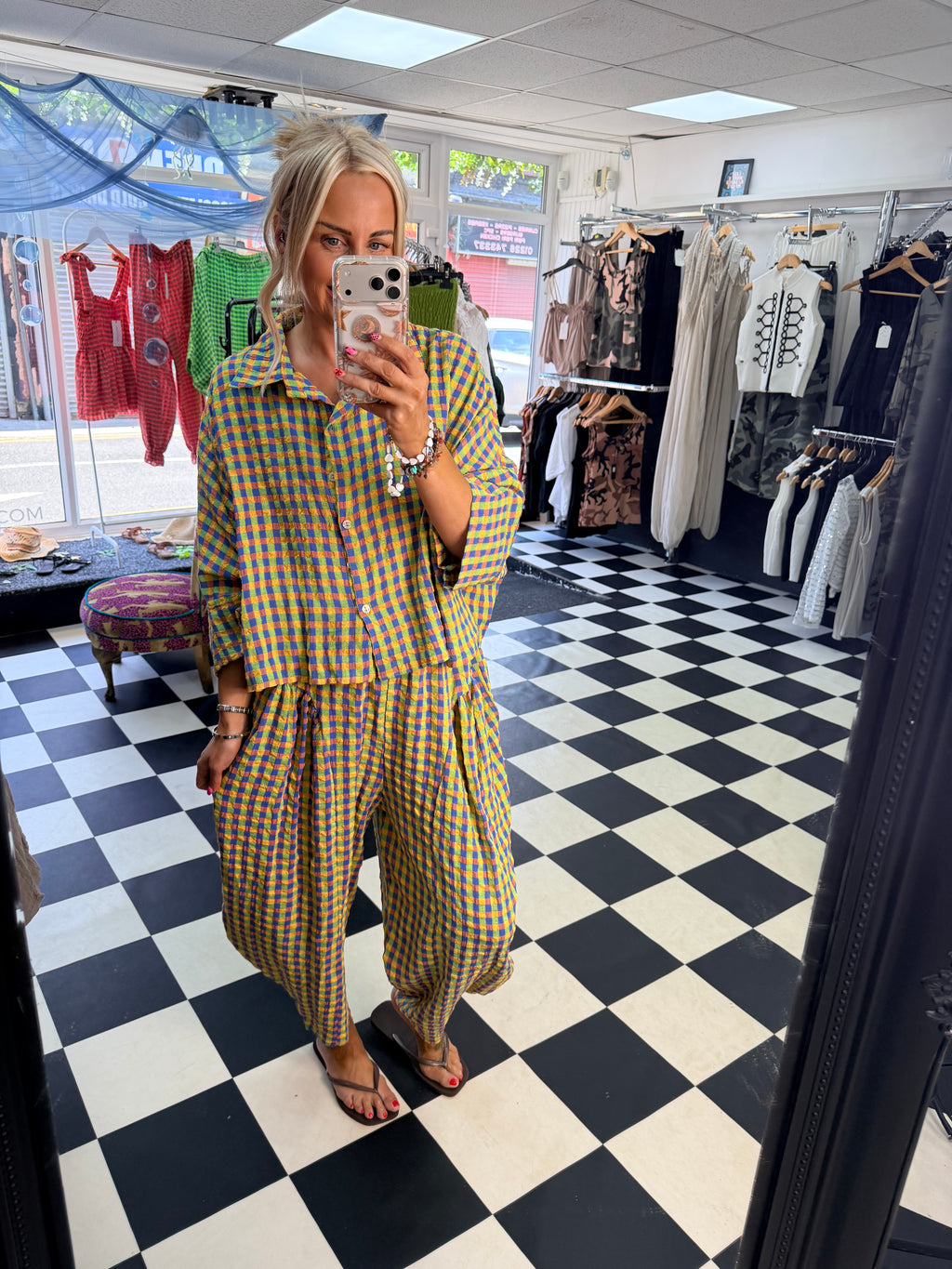 Neon Gingham barrel leg trouser Green and blue