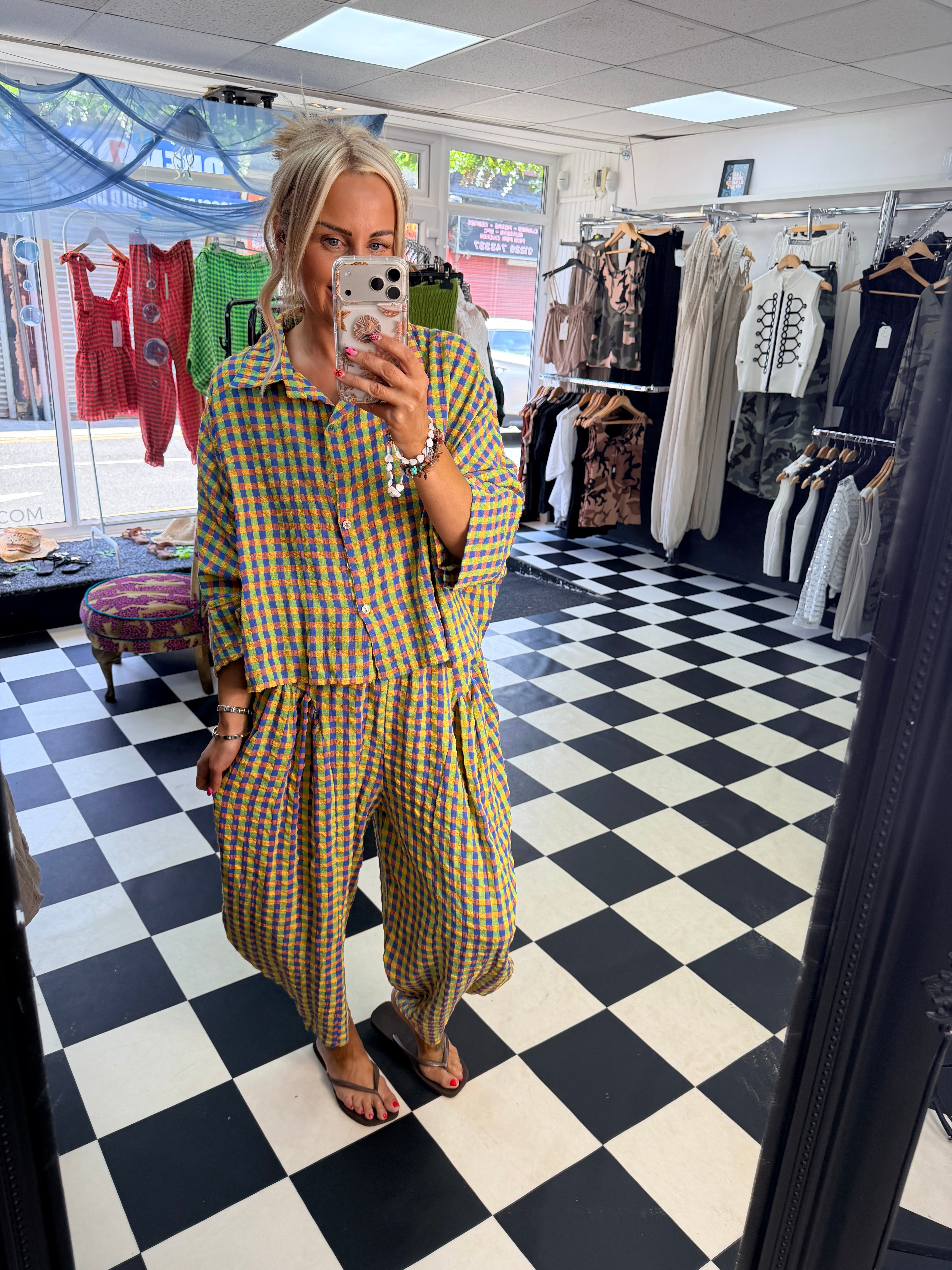 Neon Gingham barrel leg trouser Green and blue