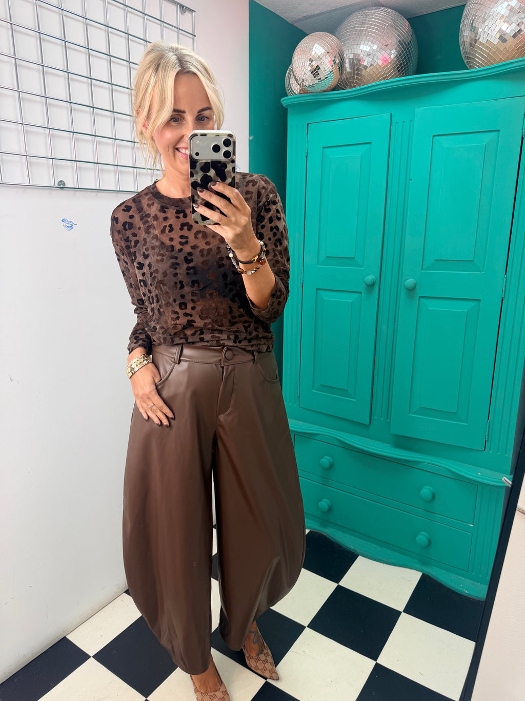 Bella Faux Leather Barrel Trousers Chocolate