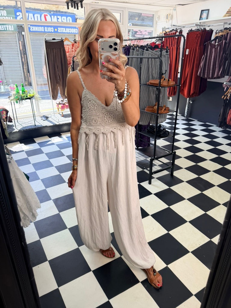 Boho Crochet Jumpsuit Cream