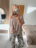 Slash Neck Jumper Oatmeal Short Sleeve