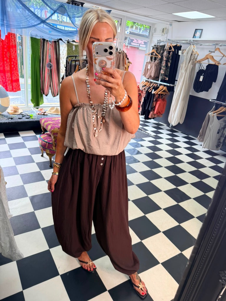 Button Balloon trousers - Chocolate Pre order Due in Monday 20th July approx