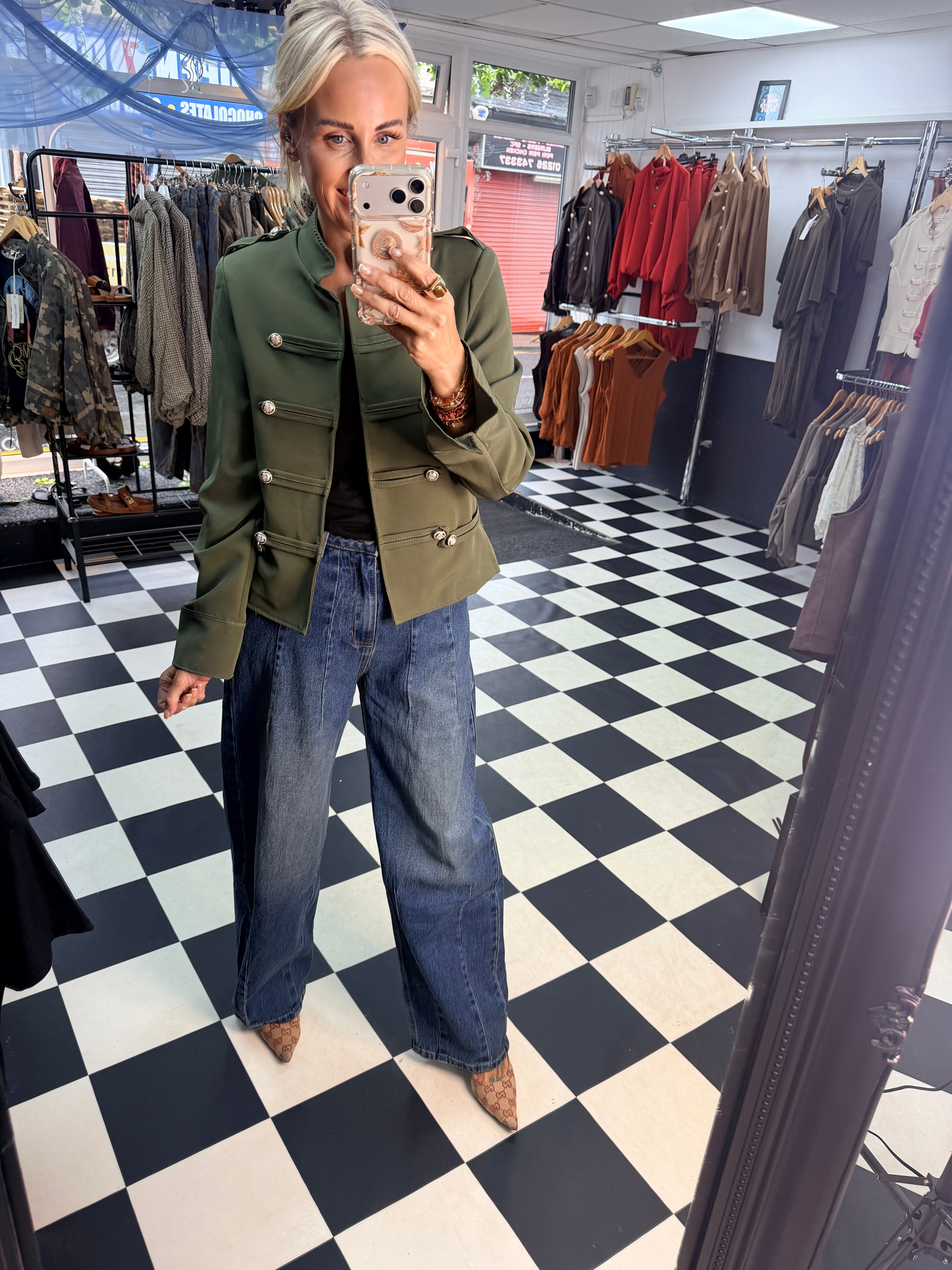 Cropped Military Long Sleeve Blazer Khaki