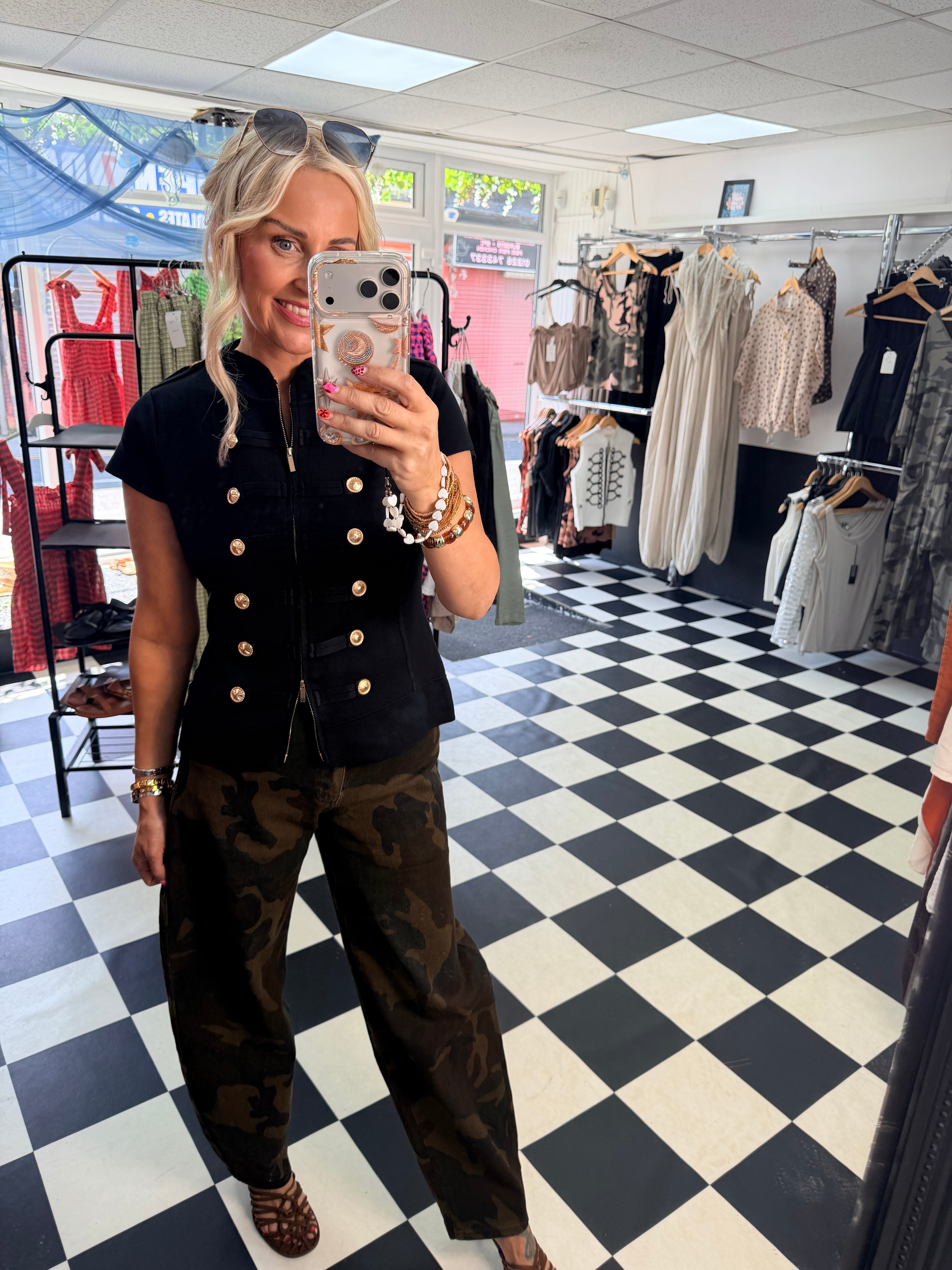 Military Cap Sleeve Waistcoat Black