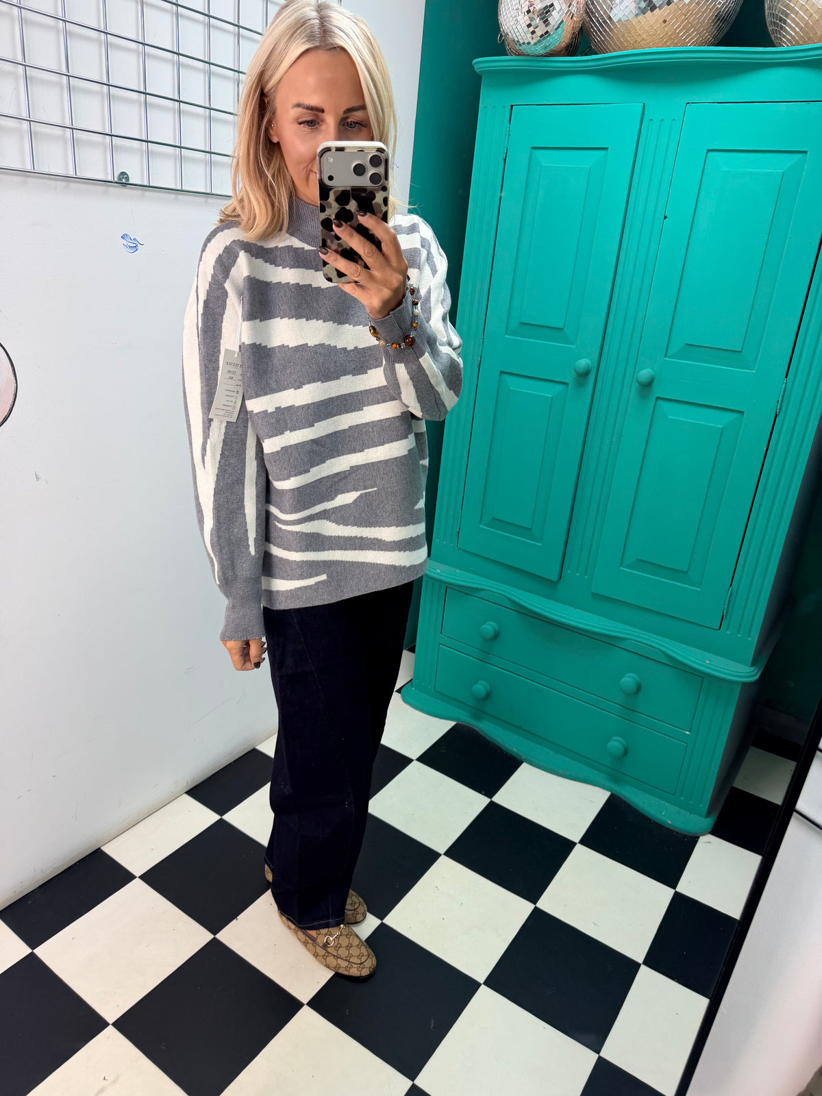 Turtle Neck Jumper Lightning Print Grey Special Buy