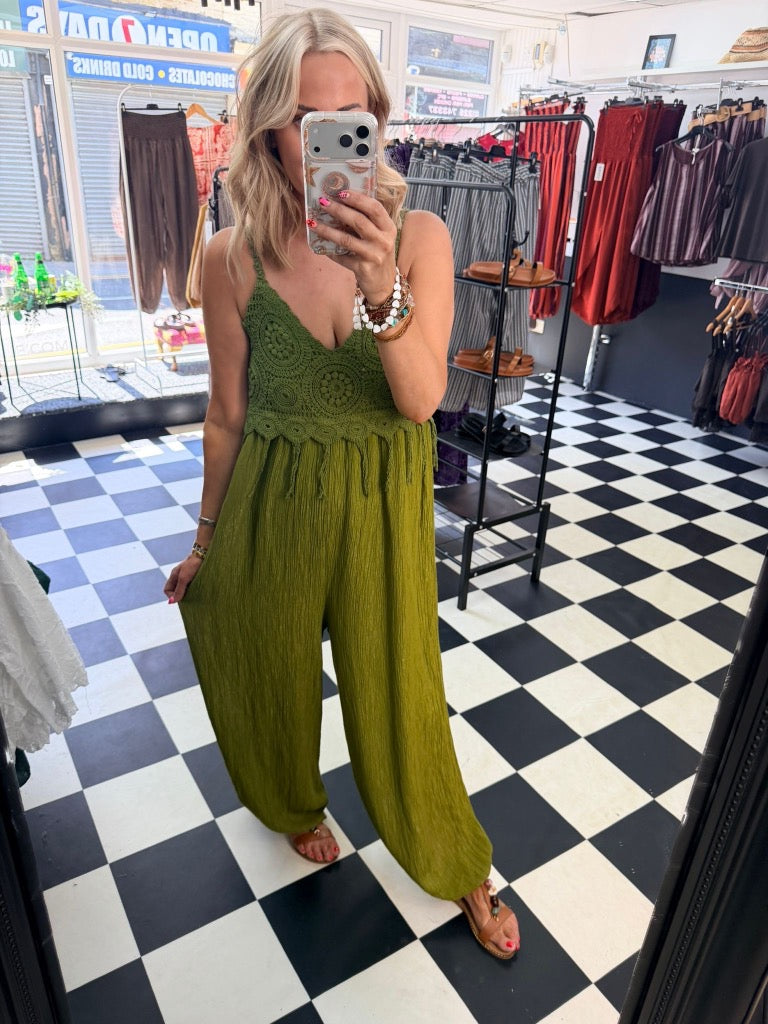 Boho Crochet Jumpsuit Green