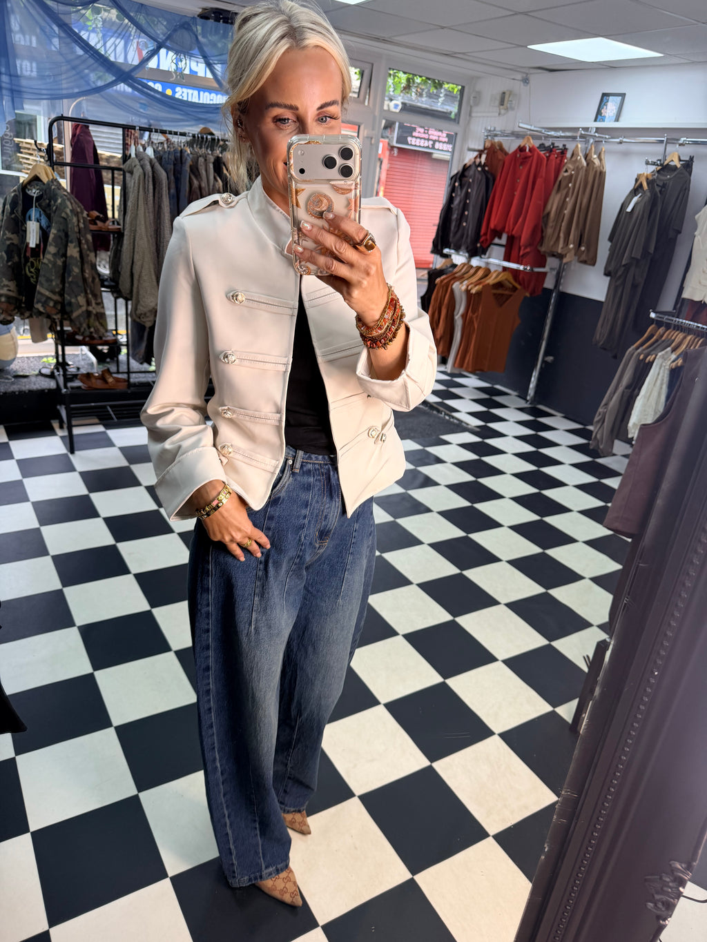 Cropped Military Long Sleeve Blazer Cream