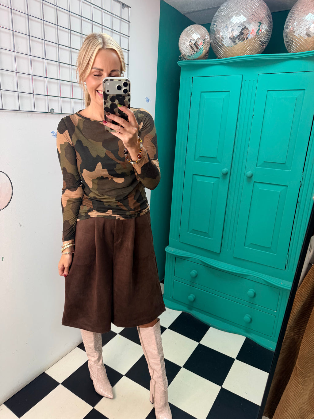 Cashmere Blend Camo Top Green/Chocolate